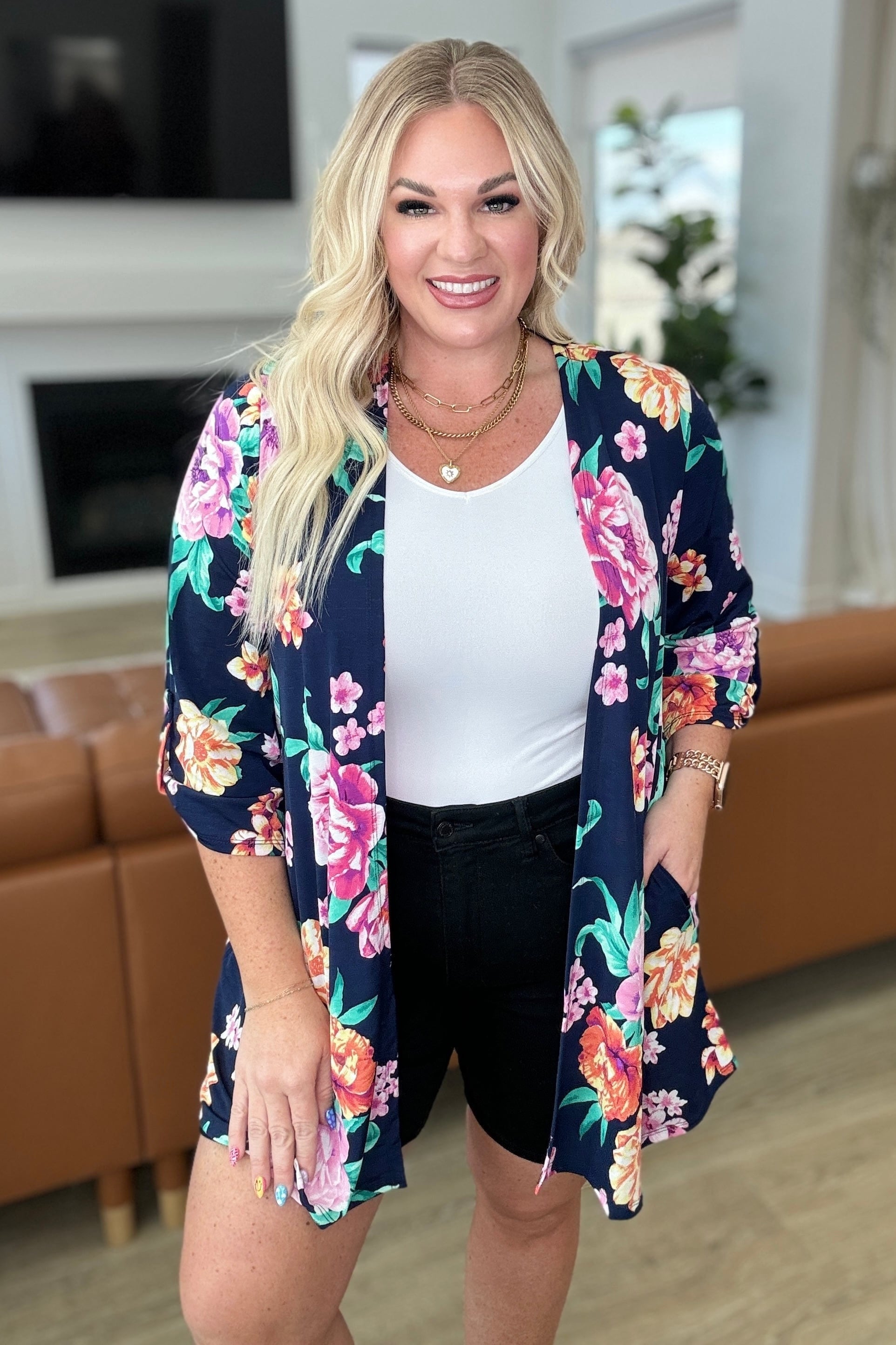 Lizzy Cardigan in Navy and Lavender Bouquet-Layers-Stay Foxy Boutique, Florissant, Missouri