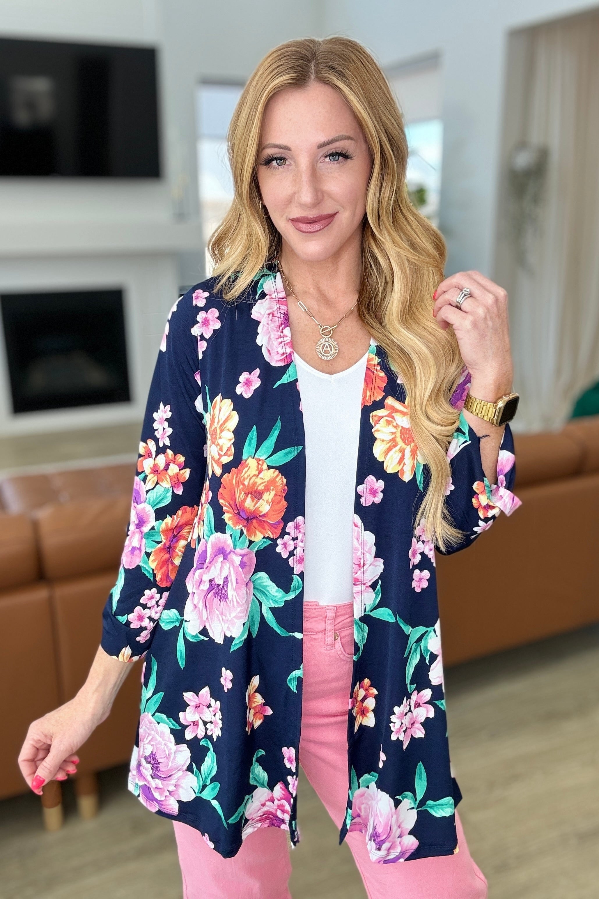 Lizzy Cardigan in Navy and Lavender Bouquet-Layers-Stay Foxy Boutique, Florissant, Missouri