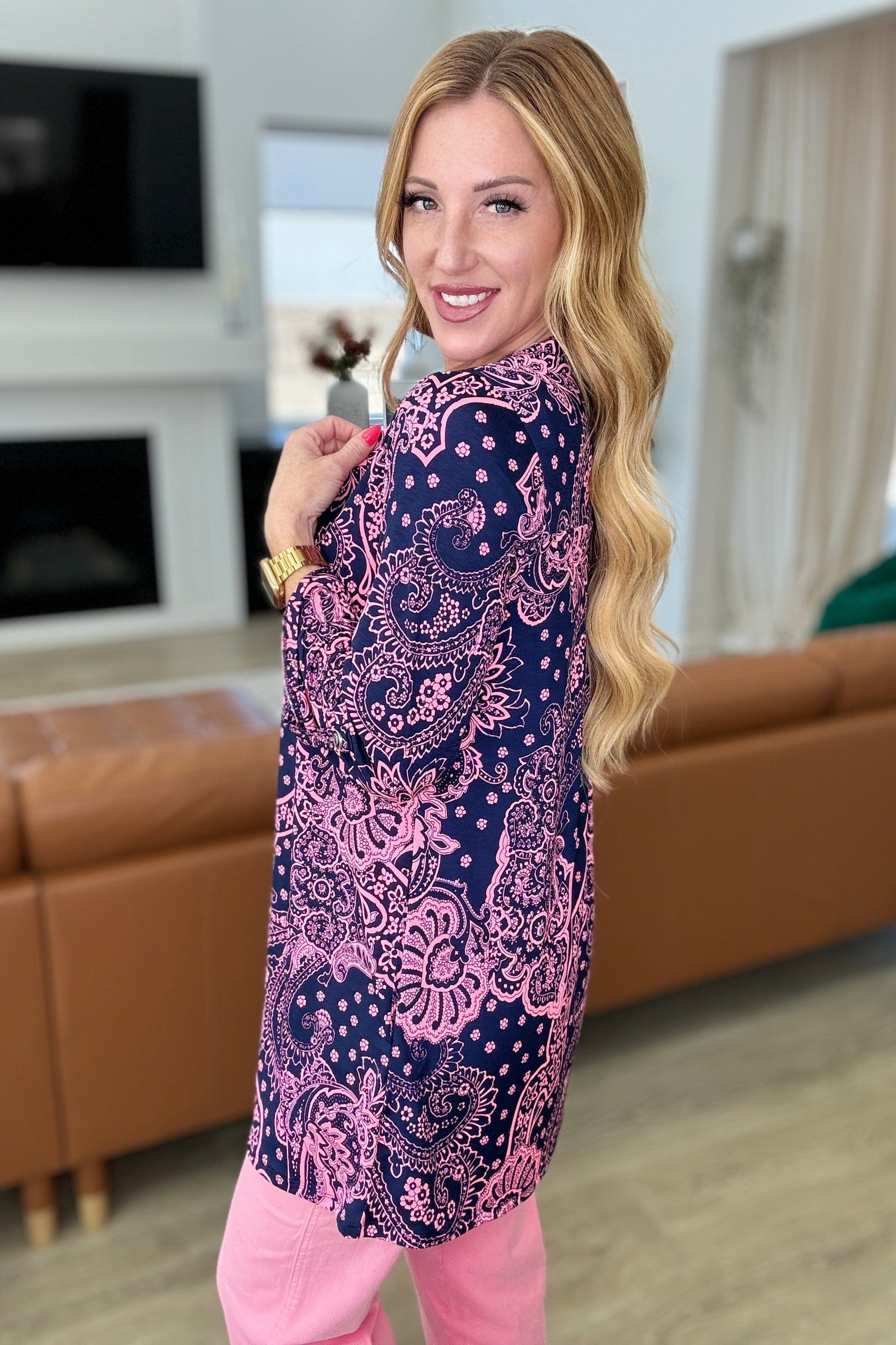 Lizzy Cardigan in Navy and Pink Paisley-Layers-Stay Foxy Boutique, Florissant, Missouri