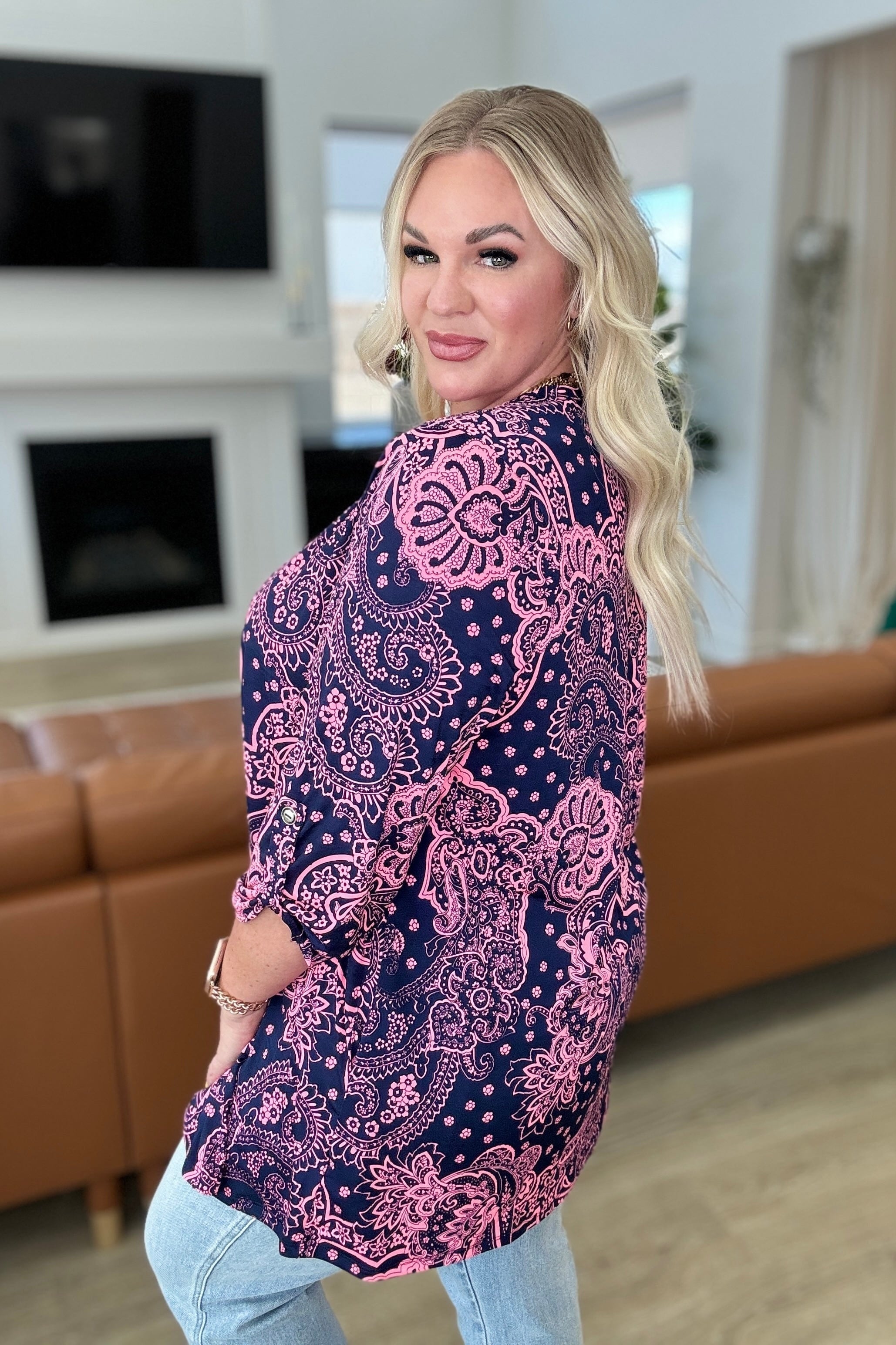 Lizzy Cardigan in Navy and Pink Paisley-Layers-Stay Foxy Boutique, Florissant, Missouri
