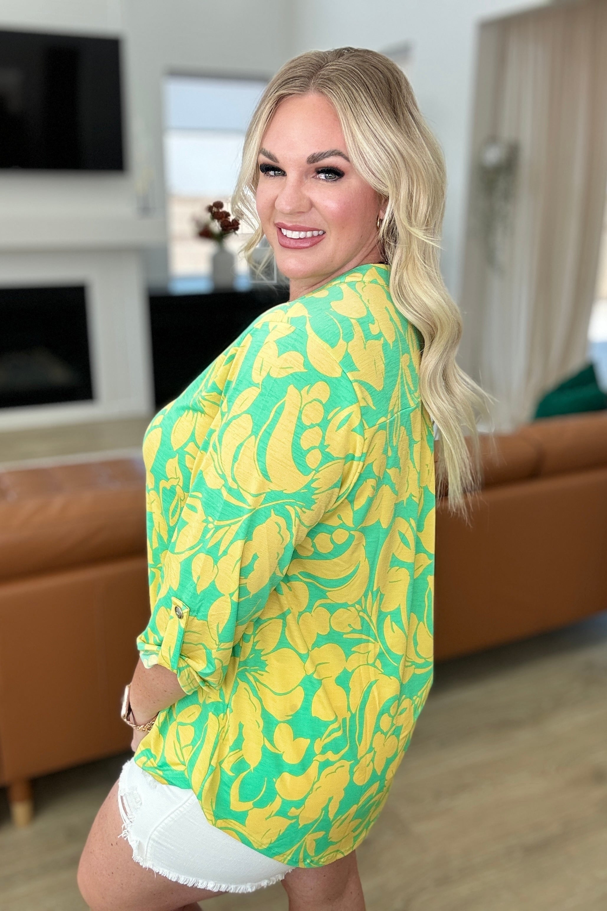 Lizzy Top in Kelly Green and Yellow Floral-Tops-Stay Foxy Boutique, Florissant, Missouri