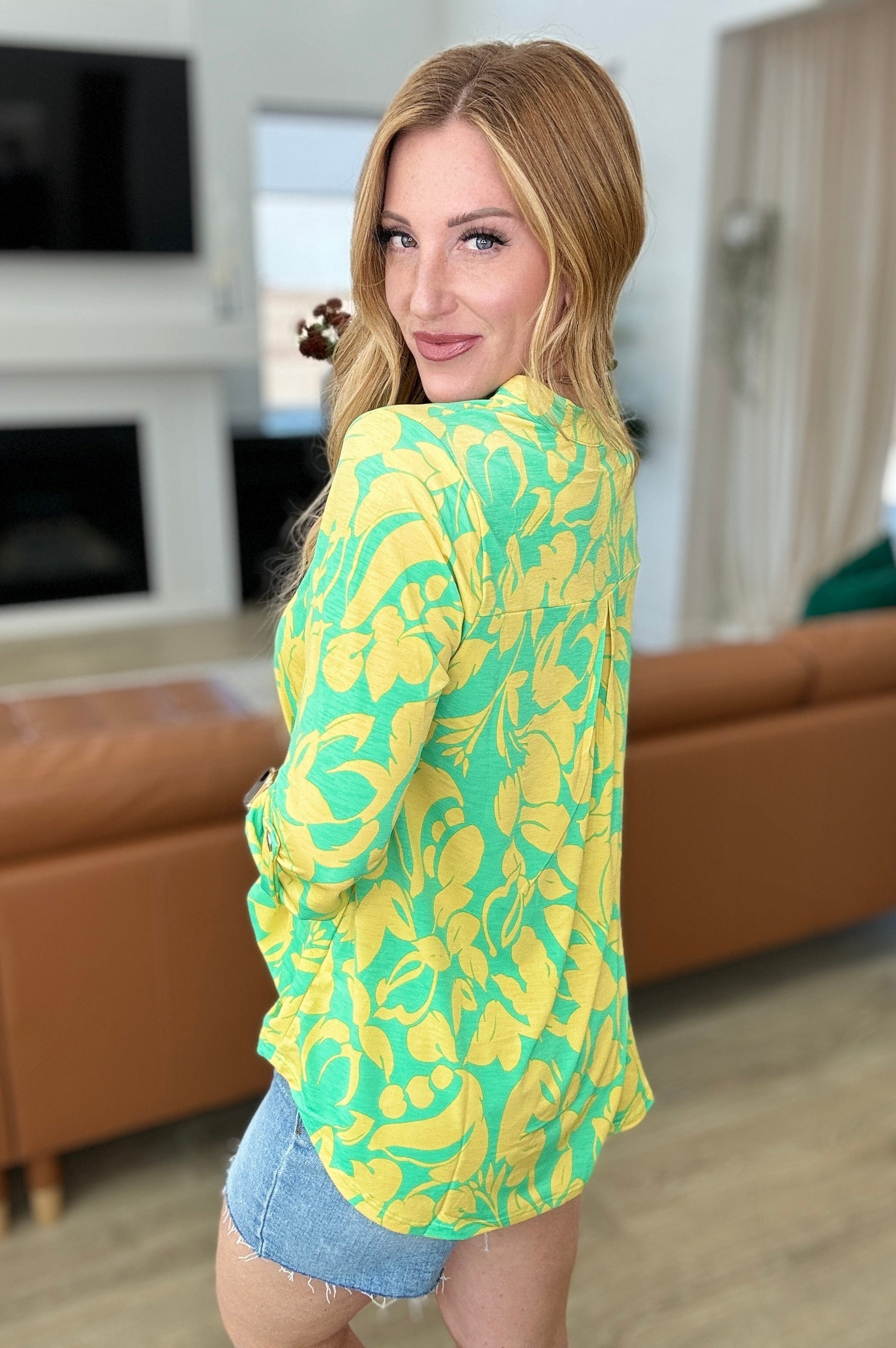 Lizzy Top in Kelly Green and Yellow Floral-Tops-Stay Foxy Boutique, Florissant, Missouri