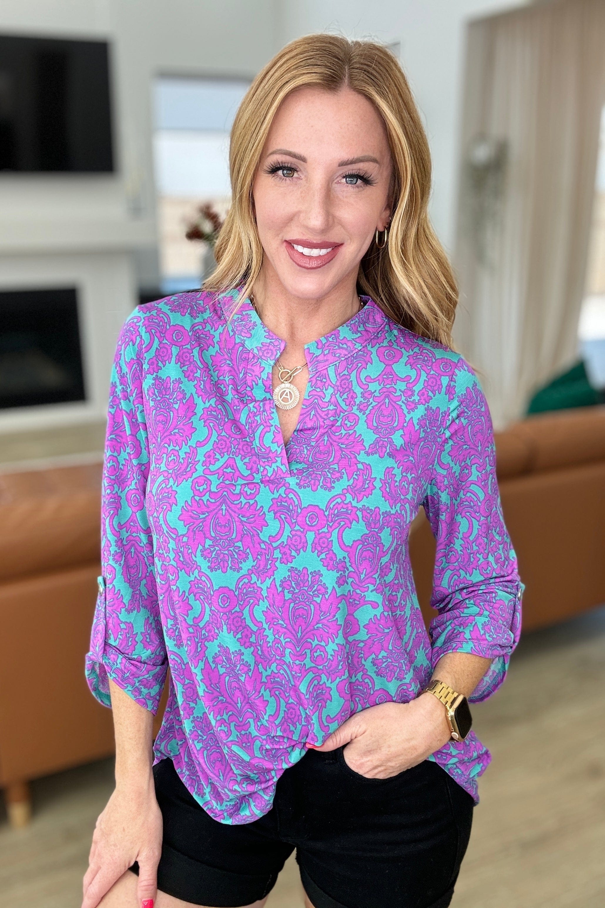 Lizzy Top in Teal and Magenta Damask-Tops-Stay Foxy Boutique, Florissant, Missouri