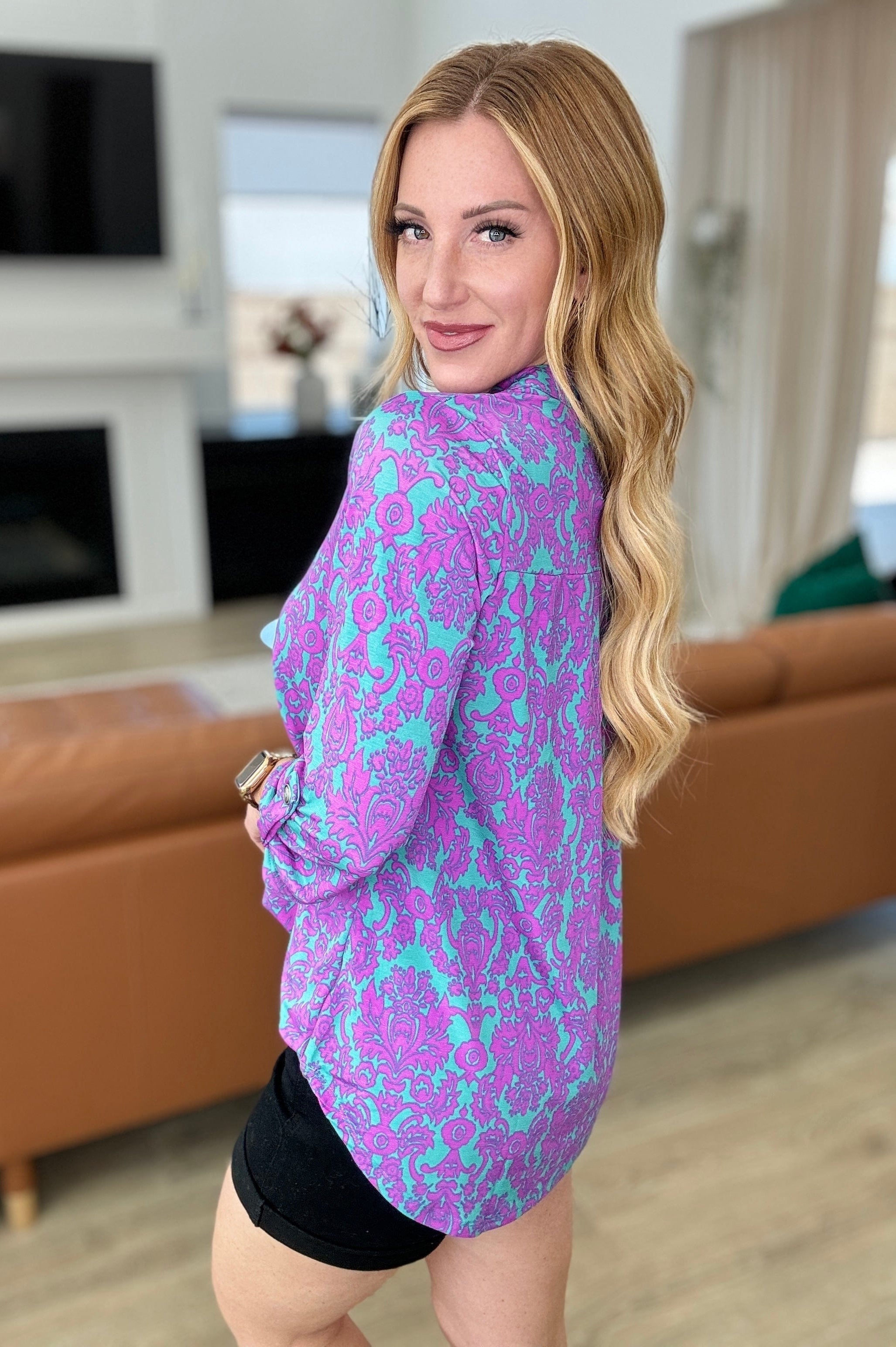 Lizzy Top in Teal and Magenta Damask-Tops-Stay Foxy Boutique, Florissant, Missouri