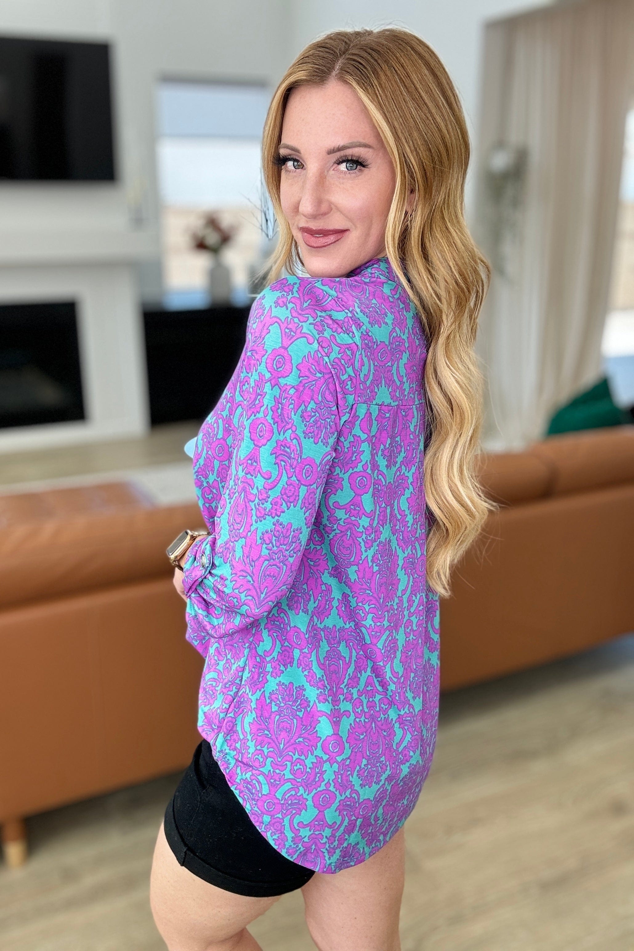 Lizzy Top in Teal and Magenta Damask-Tops-Stay Foxy Boutique, Florissant, Missouri