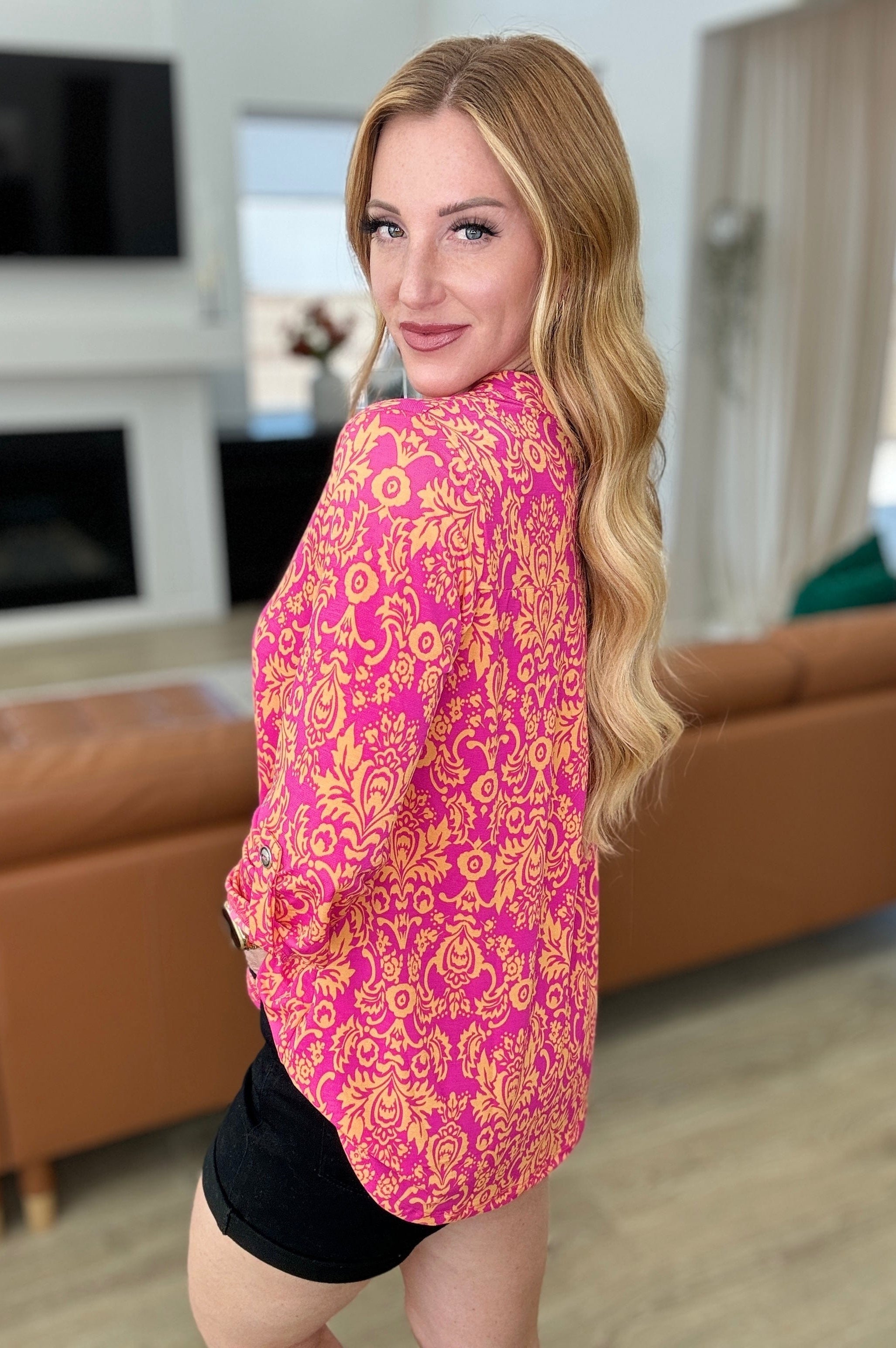 Lizzy Top in Hot Pink and Tangerine Damask-Tops-Stay Foxy Boutique, Florissant, Missouri