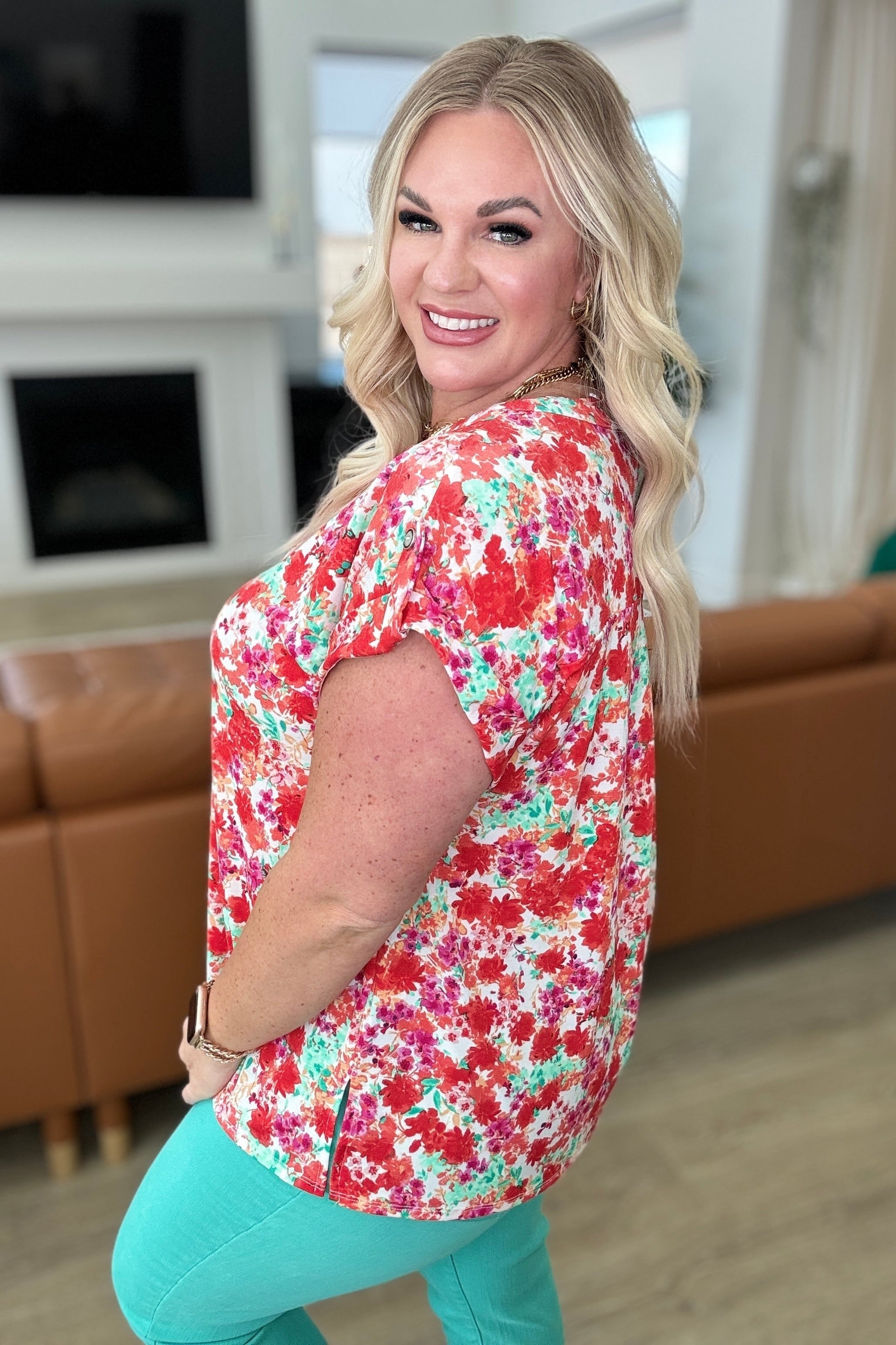 Lizzy Cap Sleeve Top in Ivory and Coral Floral-Tops-Stay Foxy Boutique, Florissant, Missouri