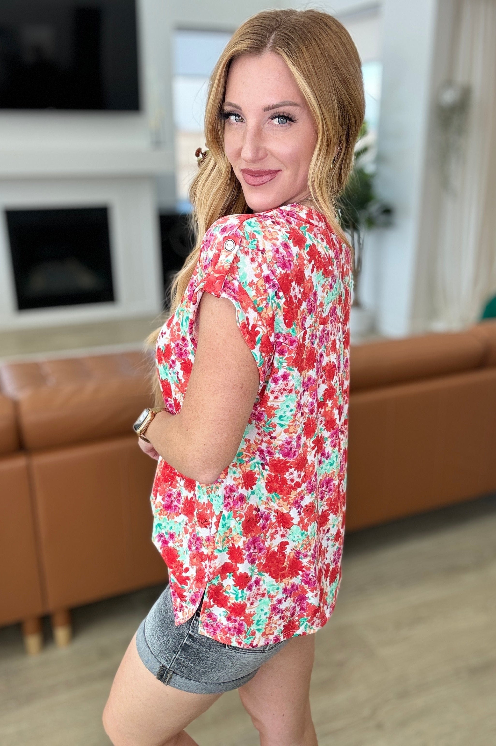 Lizzy Cap Sleeve Top in Ivory and Coral Floral-Tops-Stay Foxy Boutique, Florissant, Missouri