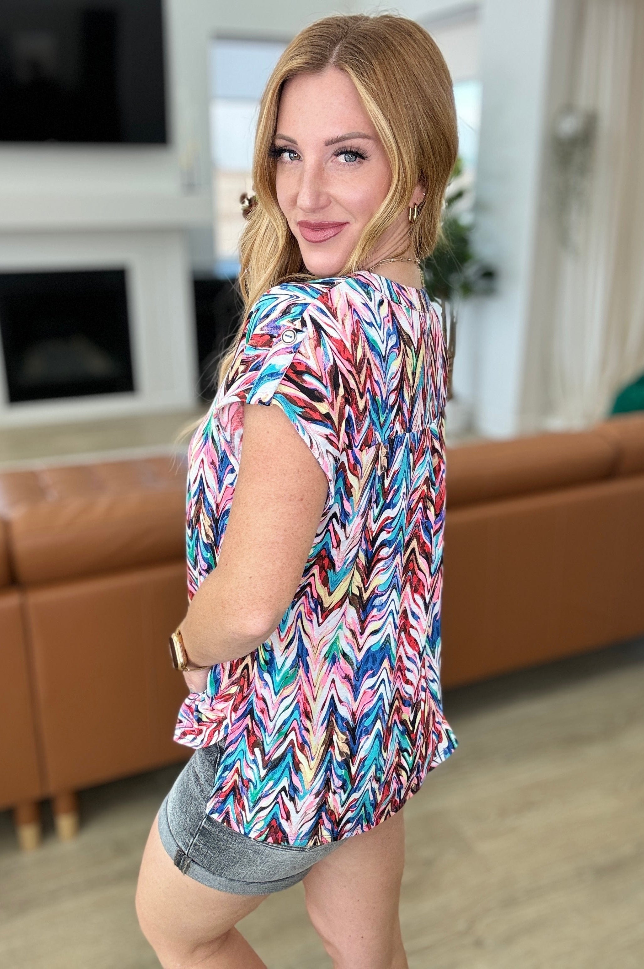 Lizzy Cap Sleeve Top in Marbled Multi-Tops-Stay Foxy Boutique, Florissant, Missouri