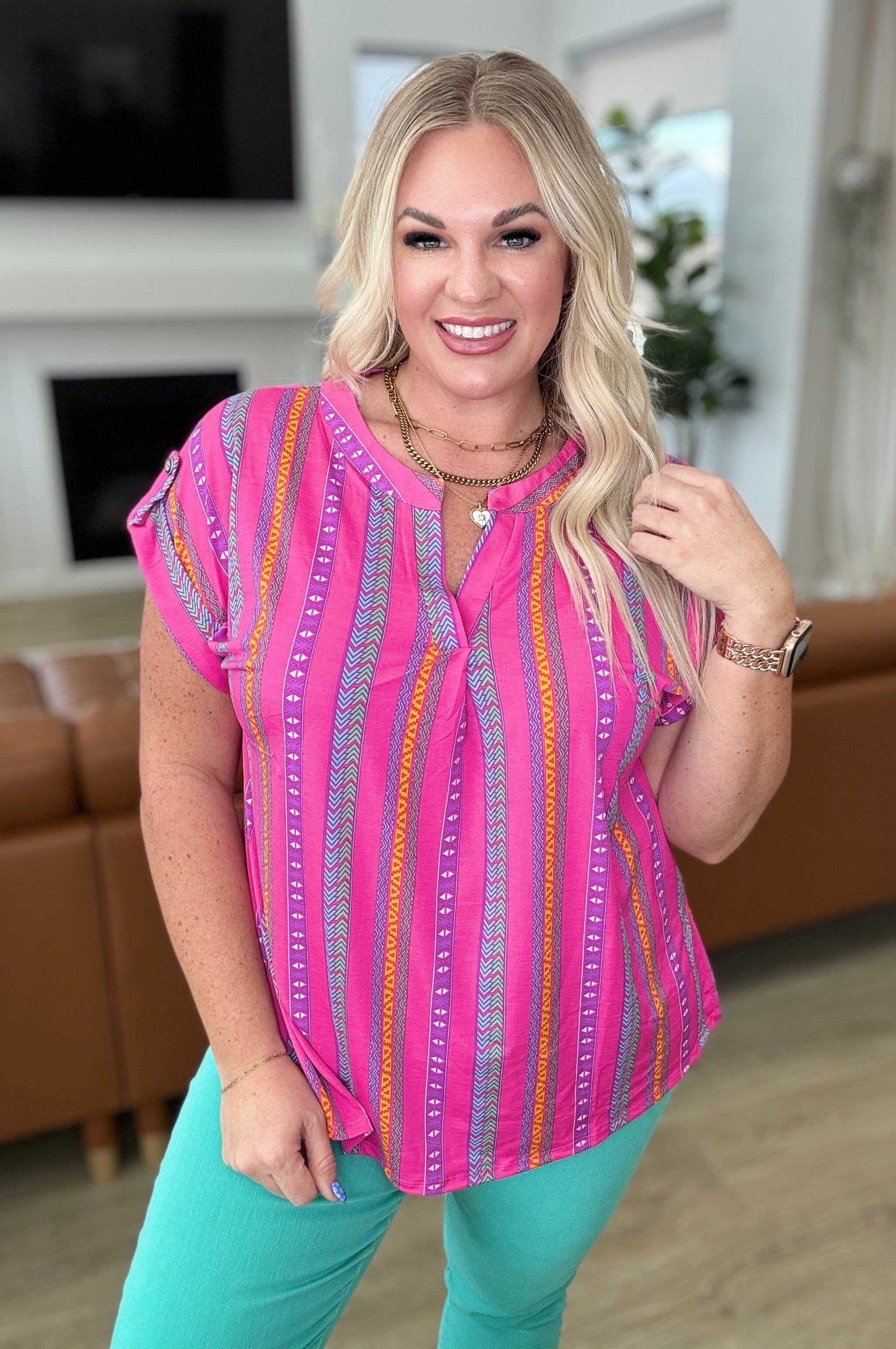Lizzy Cap Sleeve Top in Hot Pink Stripe-Tops-Stay Foxy Boutique, Florissant, Missouri
