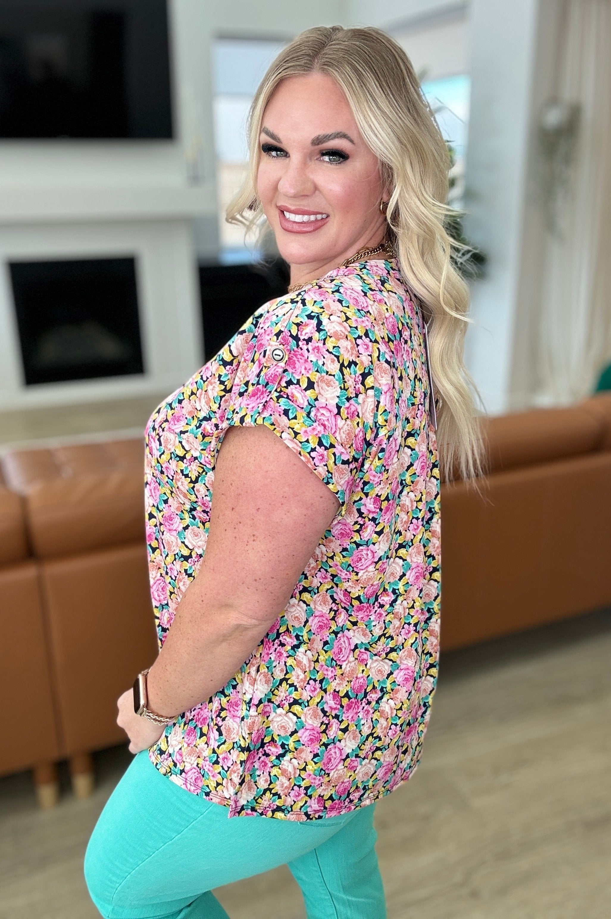 Lizzy Cap Sleeve Top in Navy and Rose Ditsy Floral-Tops-Stay Foxy Boutique, Florissant, Missouri