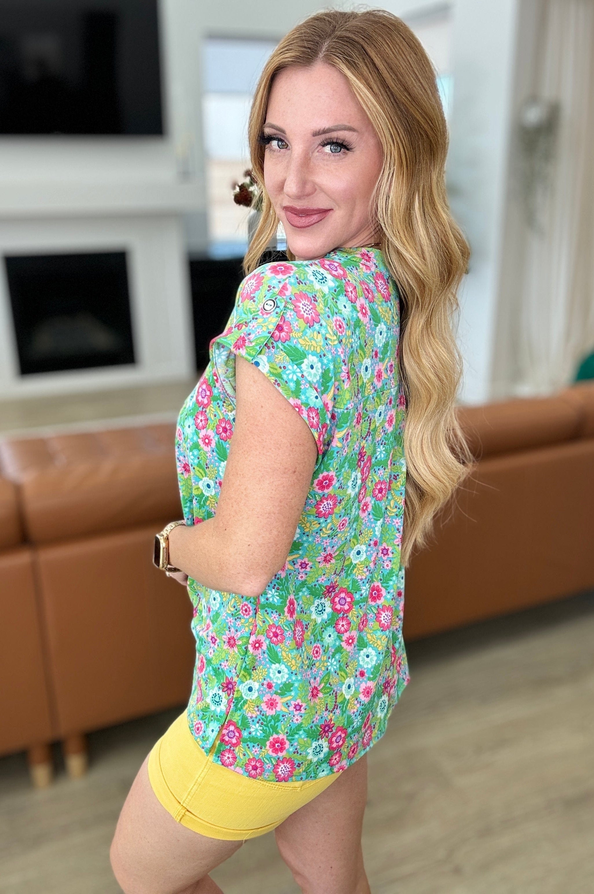 Lizzy Cap Sleeve Top in Emerald Spring Floral-Tops-Stay Foxy Boutique, Florissant, Missouri