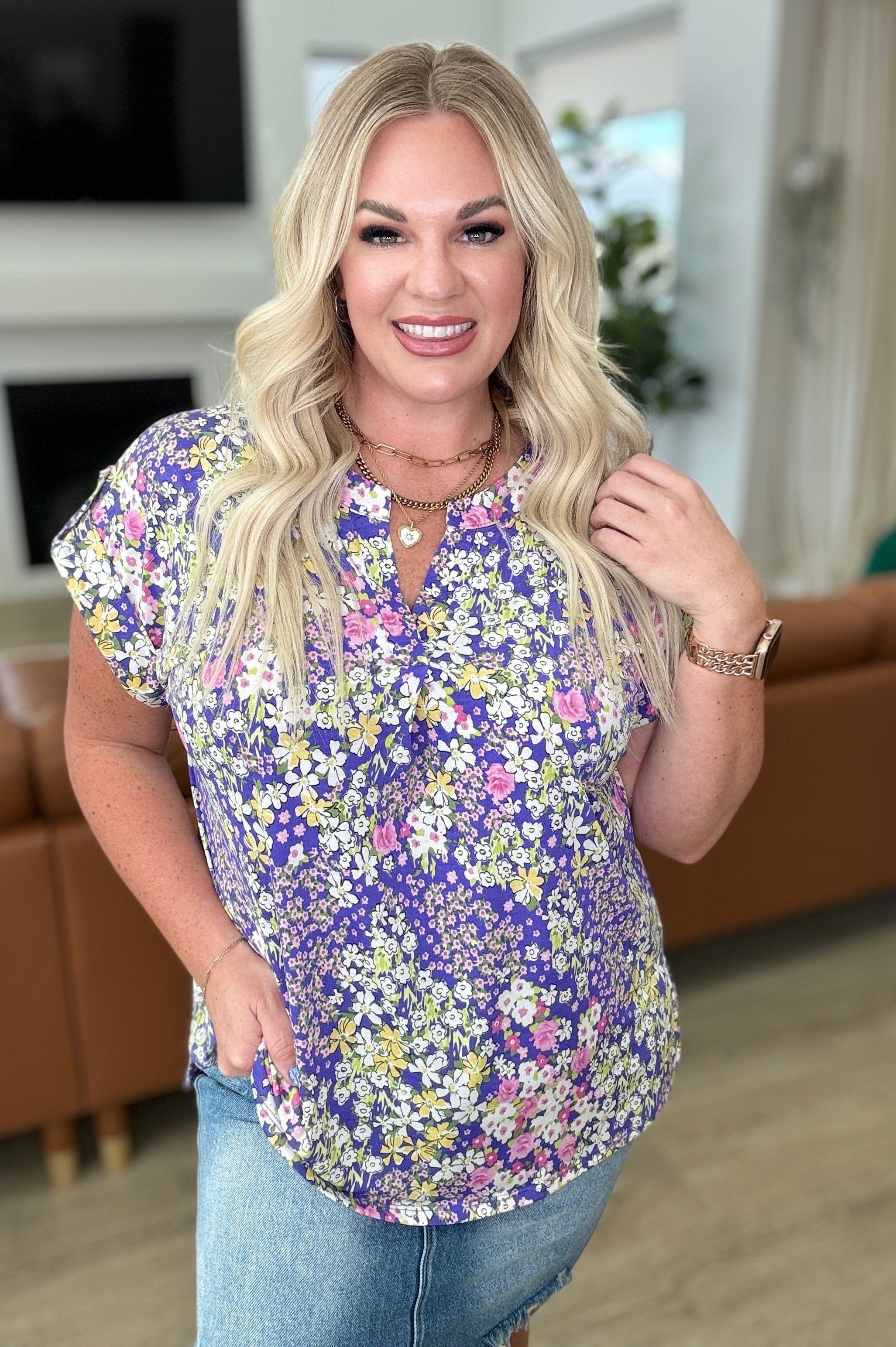 Lizzy Cap Sleeve Top in Lavender and Lime Ditsy Floral-Tops-Stay Foxy Boutique, Florissant, Missouri