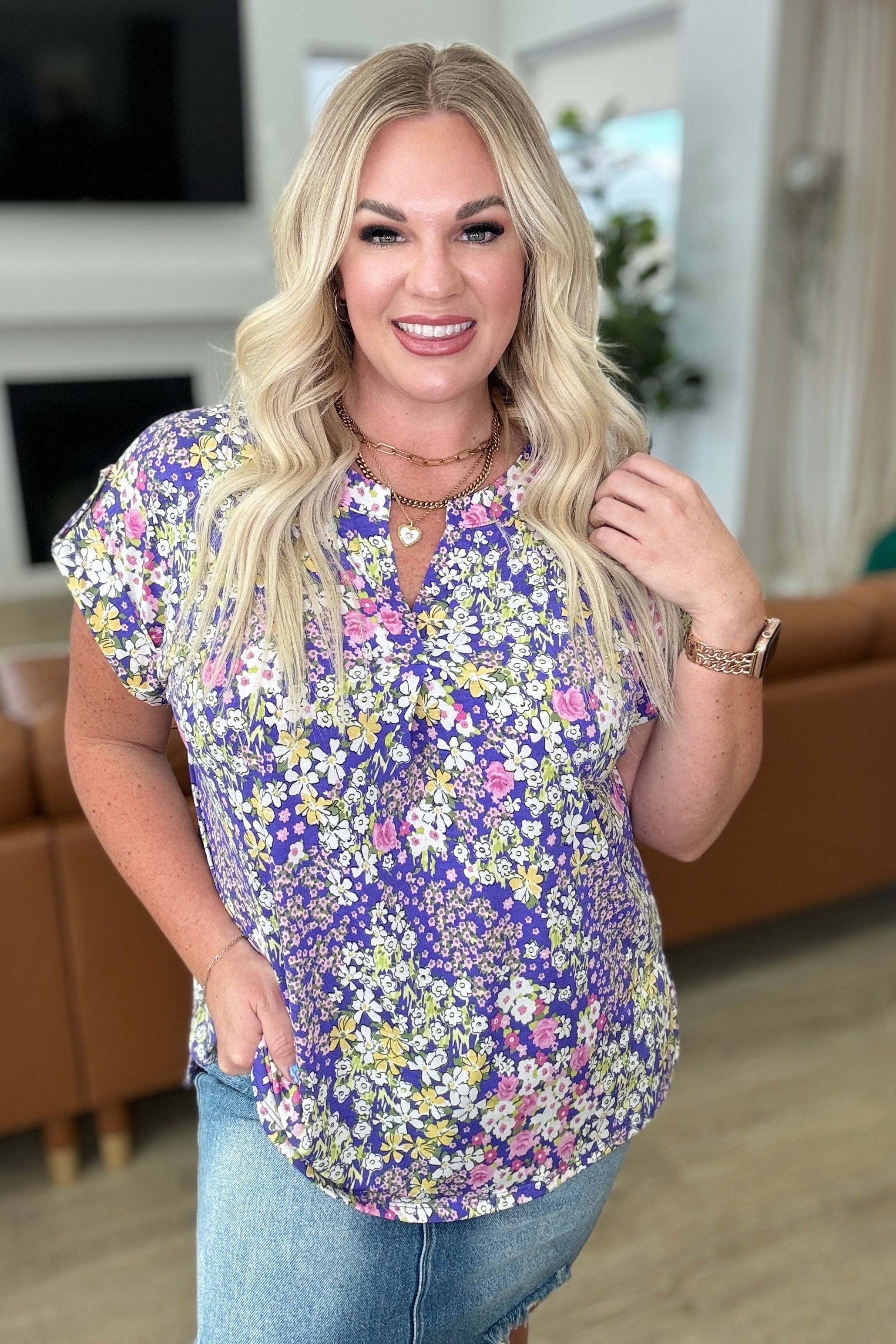 Lizzy Cap Sleeve Top in Lavender and Lime Ditsy Floral-Tops-Stay Foxy Boutique, Florissant, Missouri