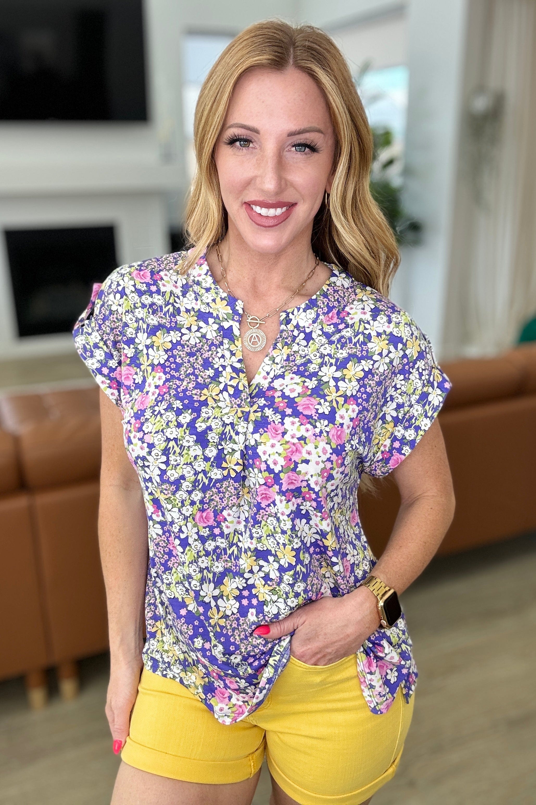 Lizzy Cap Sleeve Top in Lavender and Lime Ditsy Floral-Tops-Stay Foxy Boutique, Florissant, Missouri