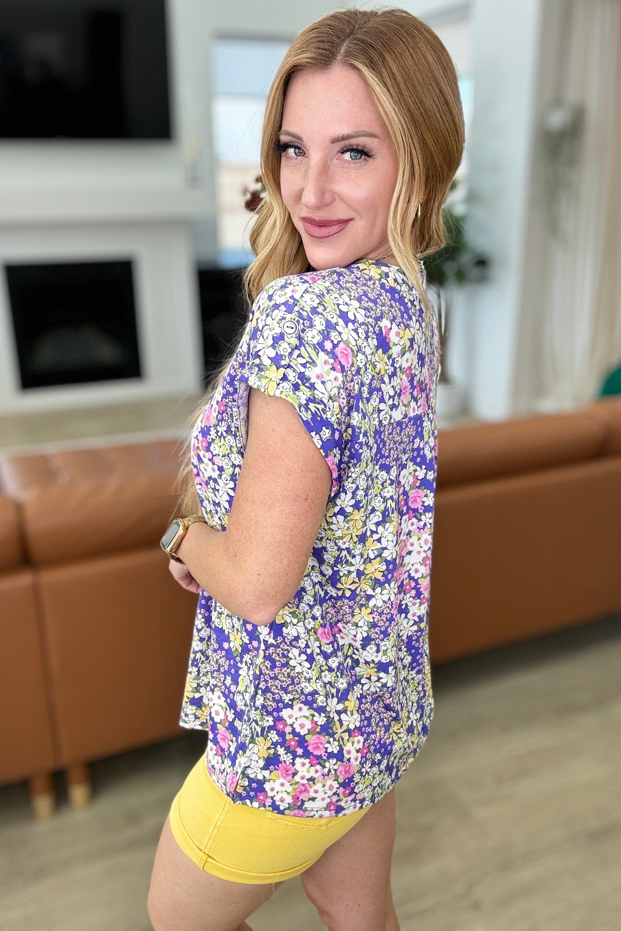 Lizzy Cap Sleeve Top in Lavender and Lime Ditsy Floral-Tops-Stay Foxy Boutique, Florissant, Missouri