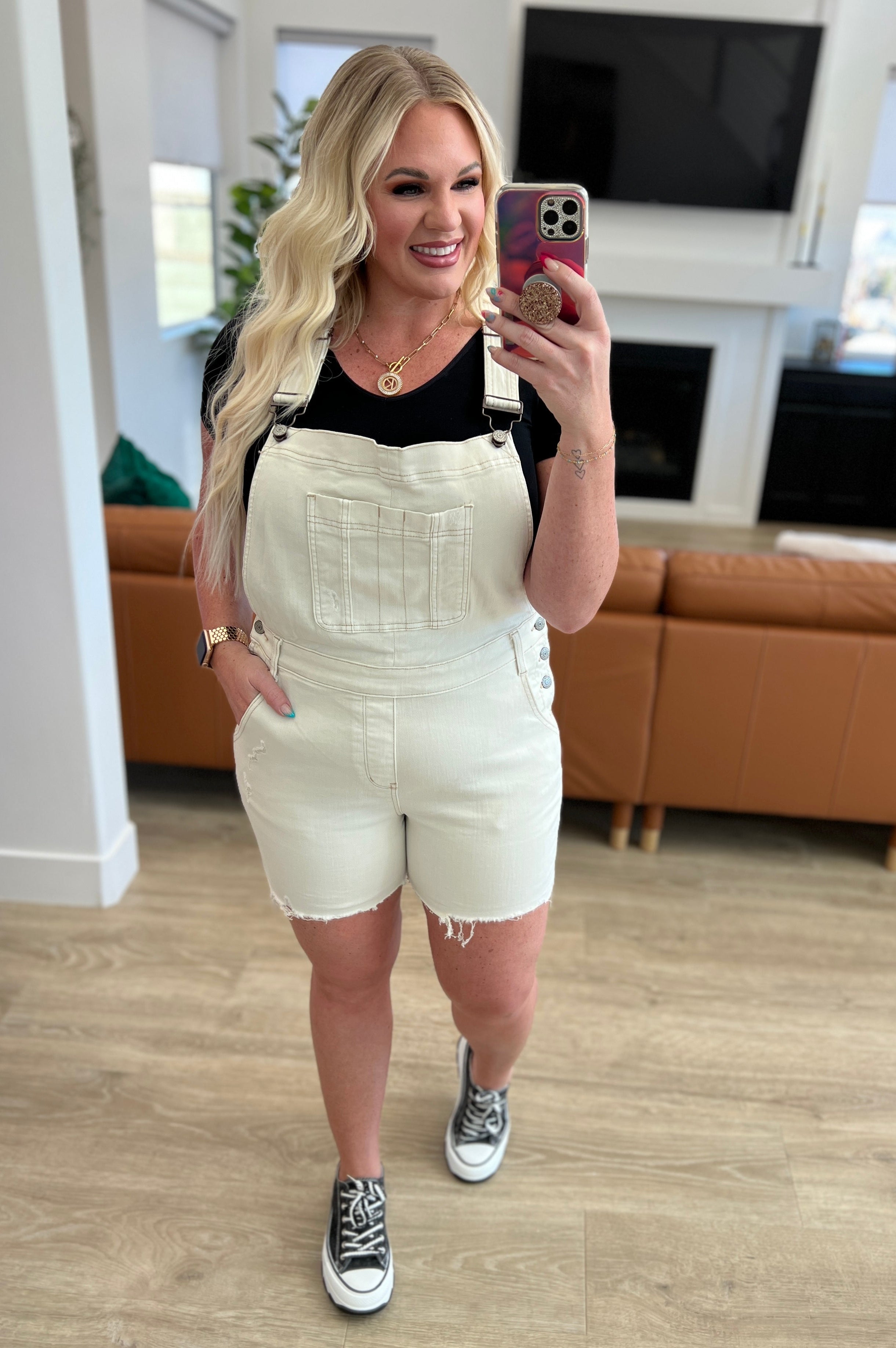 Anna High Rise Garment Dyed Cutoff Shortalls in Ecru-Denim-Stay Foxy Boutique, Florissant, Missouri