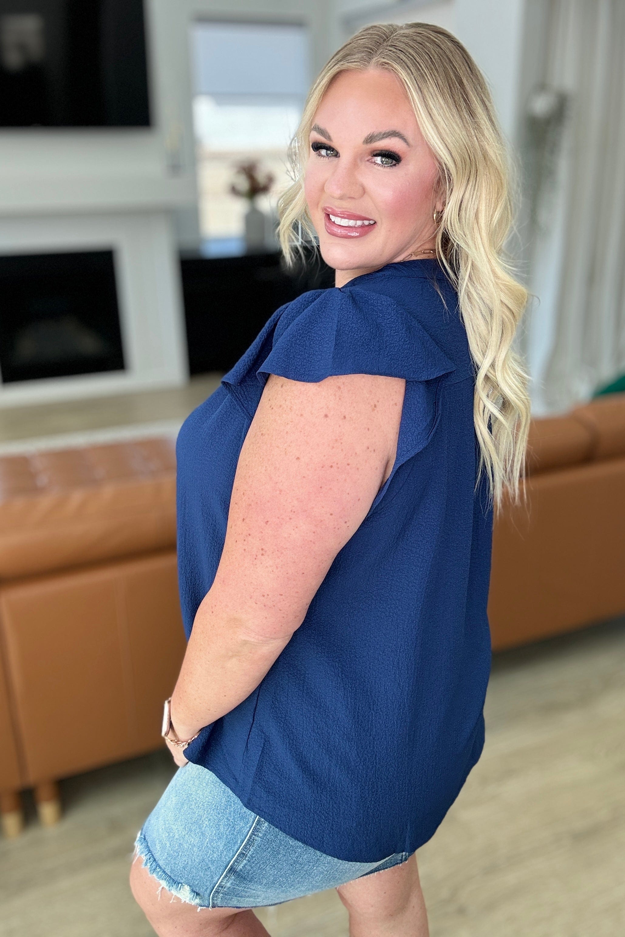 Crinkle Split Neckline Flutter Sleeve Top in Navy-Tops-Stay Foxy Boutique, Florissant, Missouri