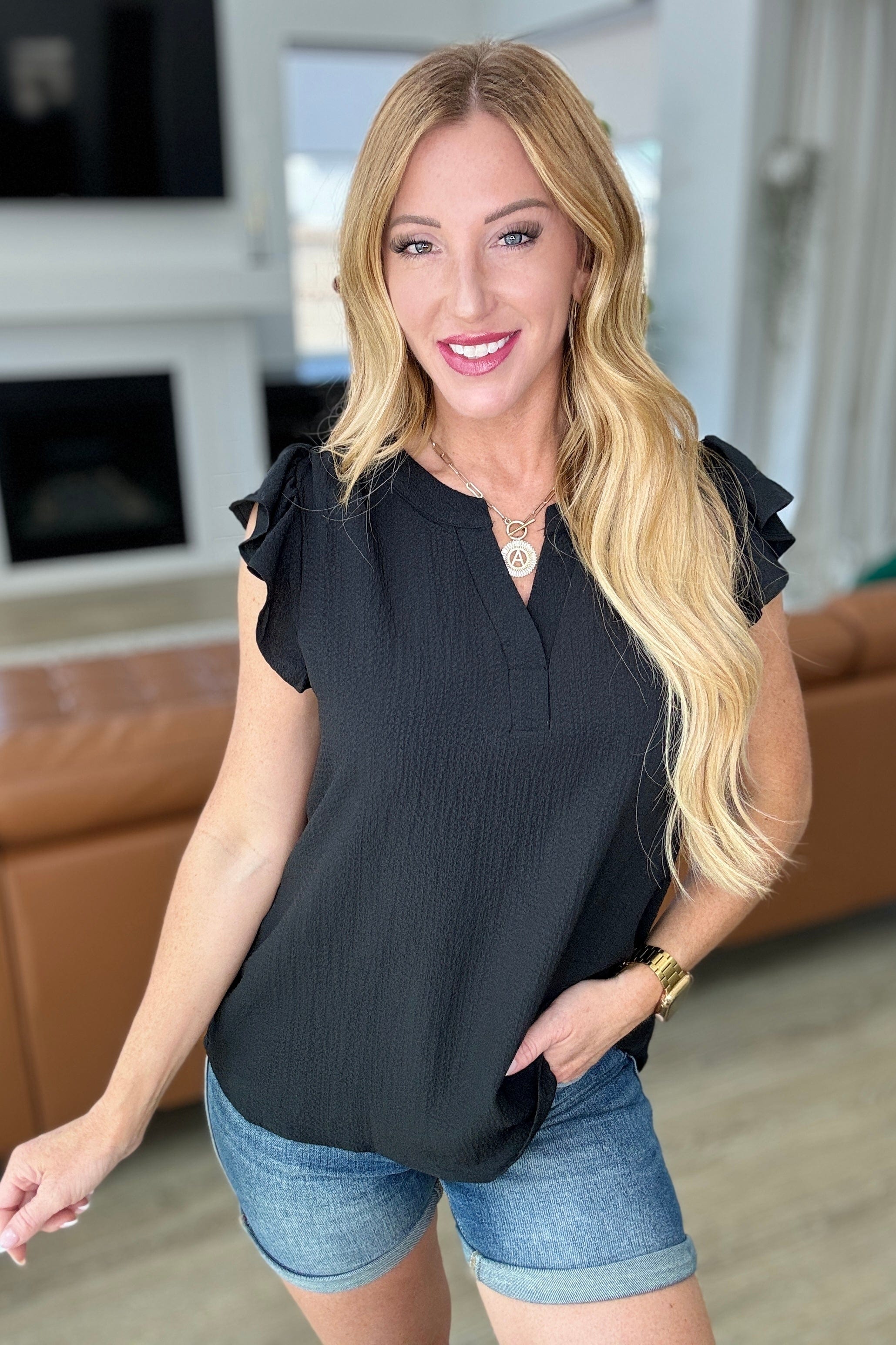 Crinkle Split Neckline Flutter Sleeve Top In Black-Tops-Stay Foxy Boutique, Florissant, Missouri