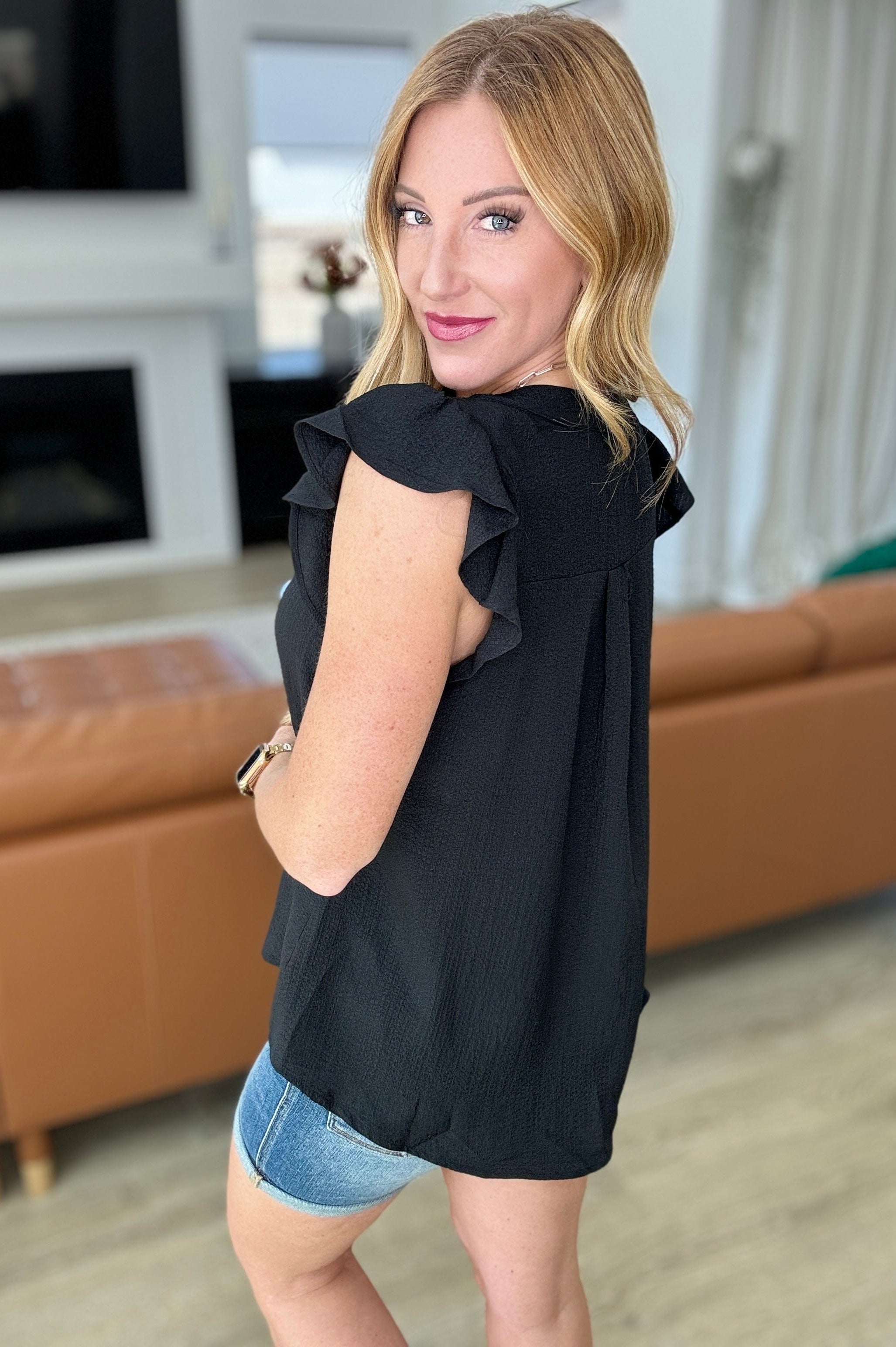 Crinkle Split Neckline Flutter Sleeve Top In Black-Tops-Stay Foxy Boutique, Florissant, Missouri