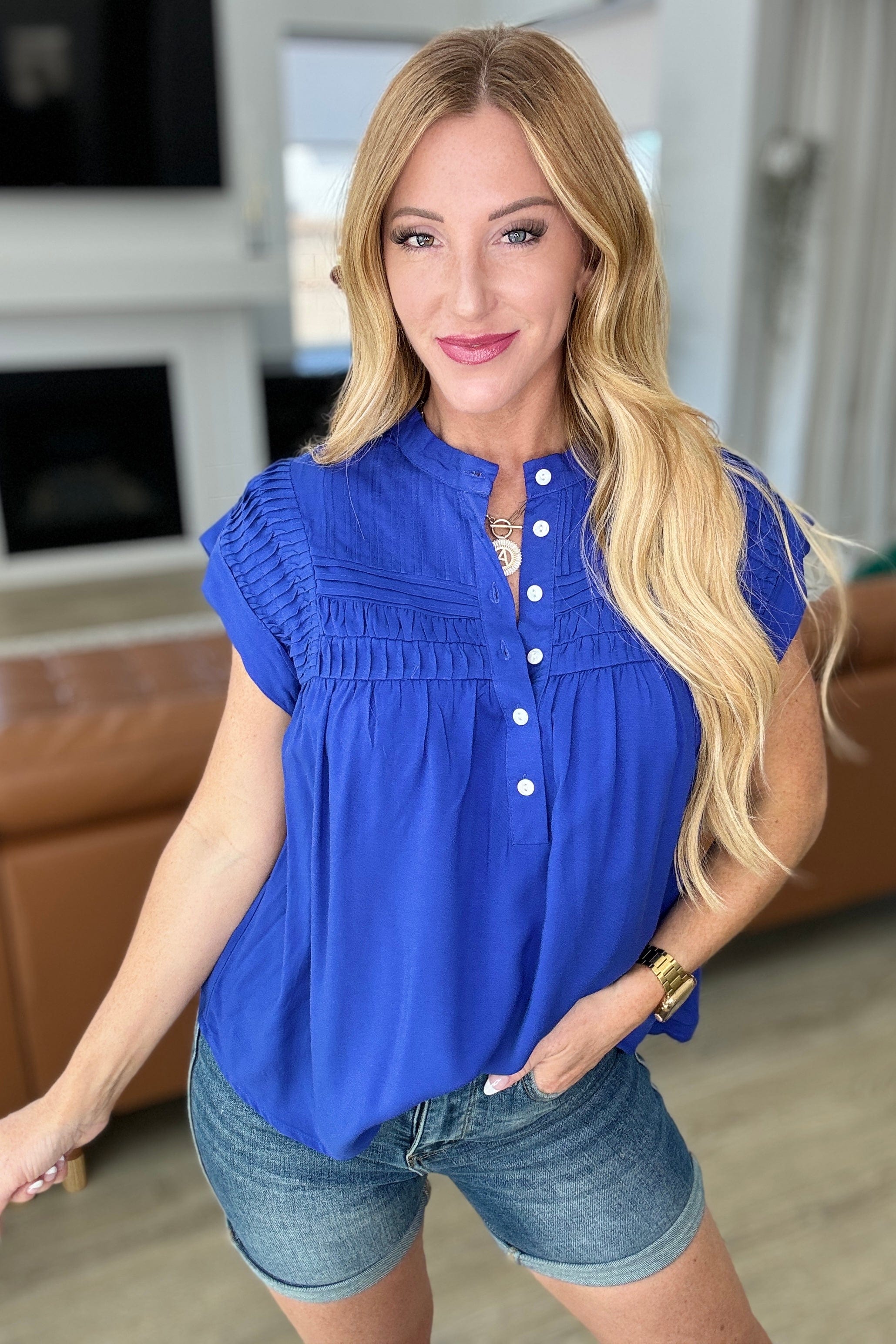 Pleat Detail Button Up Blouse in Royal Blue-Tops-Stay Foxy Boutique, Florissant, Missouri
