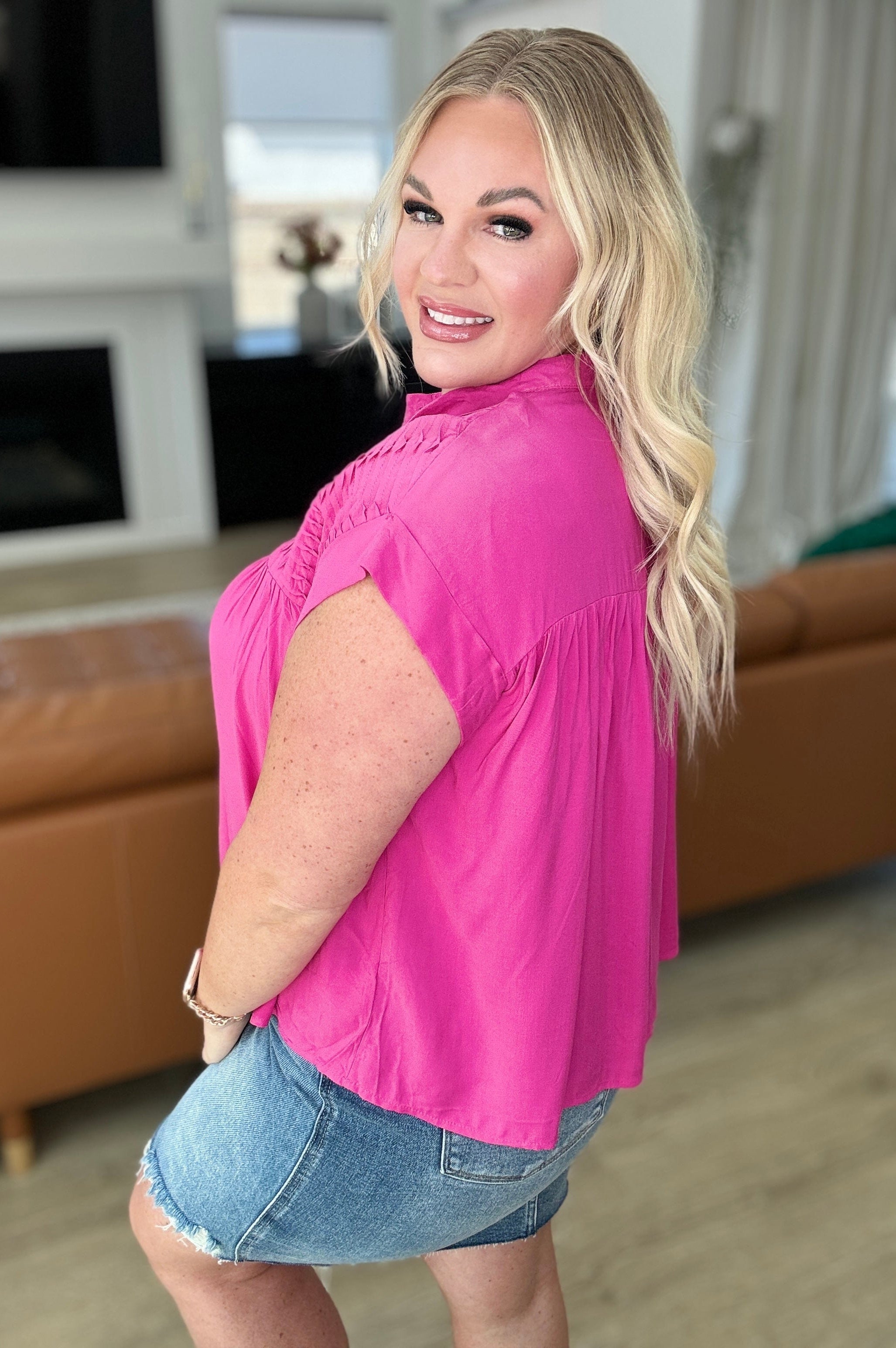 Pleat Detail Button Up Blouse in Hot Pink-Tops-Stay Foxy Boutique, Florissant, Missouri