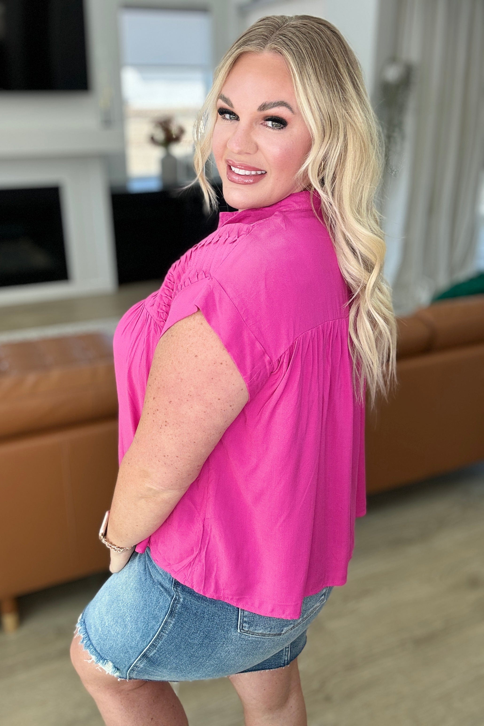 Pleat Detail Button Up Blouse in Hot Pink-Tops-Stay Foxy Boutique, Florissant, Missouri