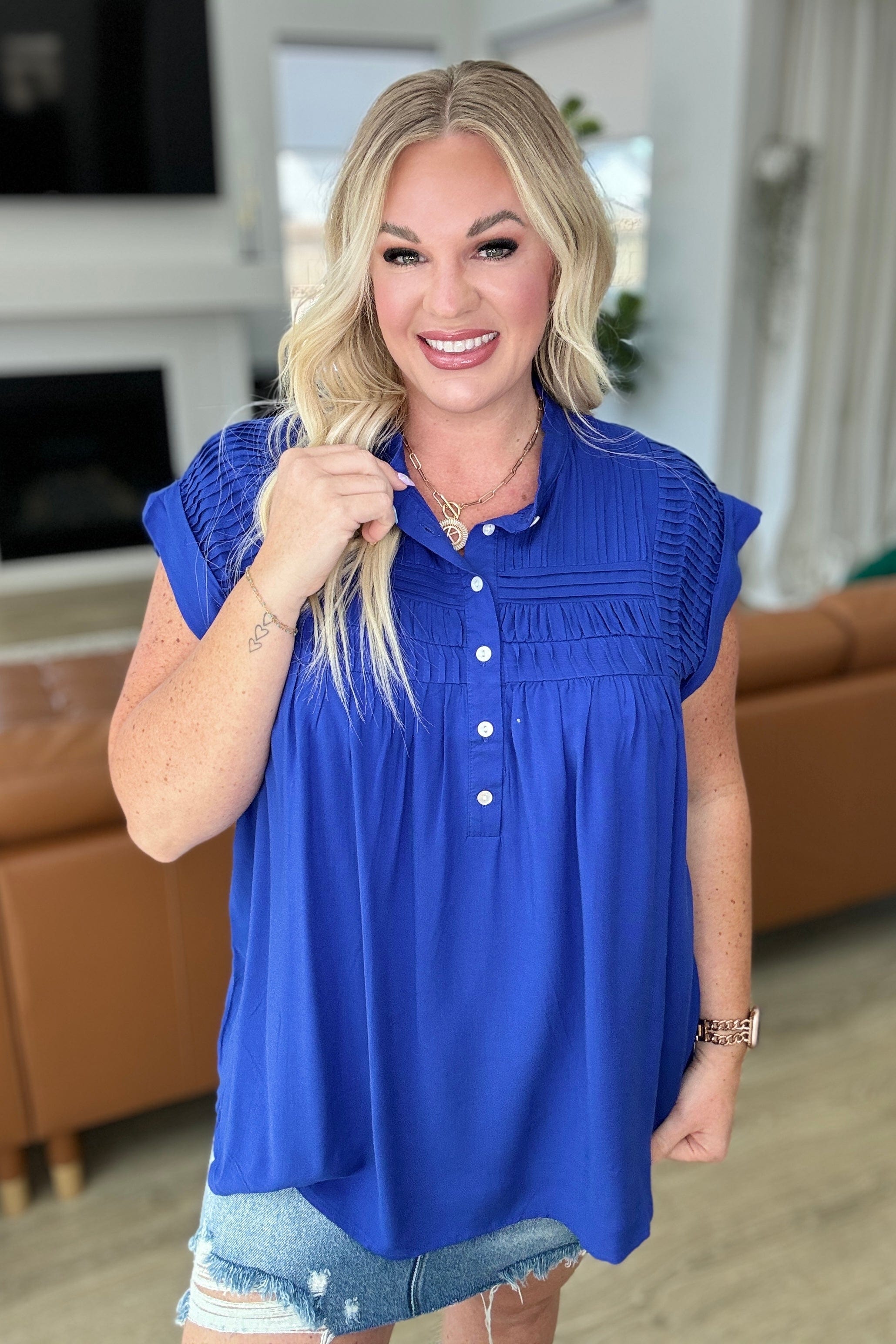 Pleat Detail Button Up Blouse in Royal Blue-Tops-Stay Foxy Boutique, Florissant, Missouri