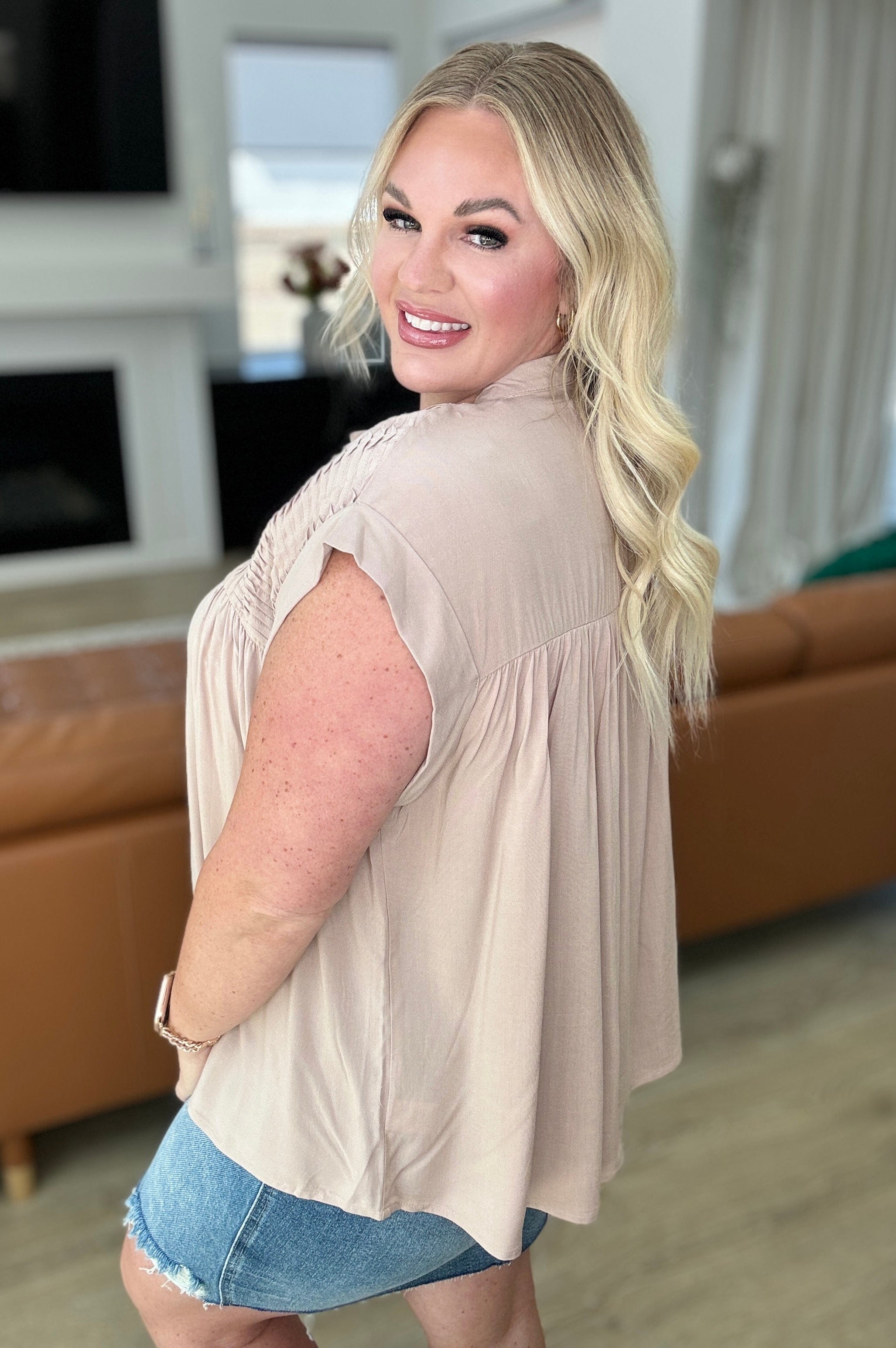 Pleat Detail Button Up Blouse in Taupe-Tops-Stay Foxy Boutique, Florissant, Missouri
