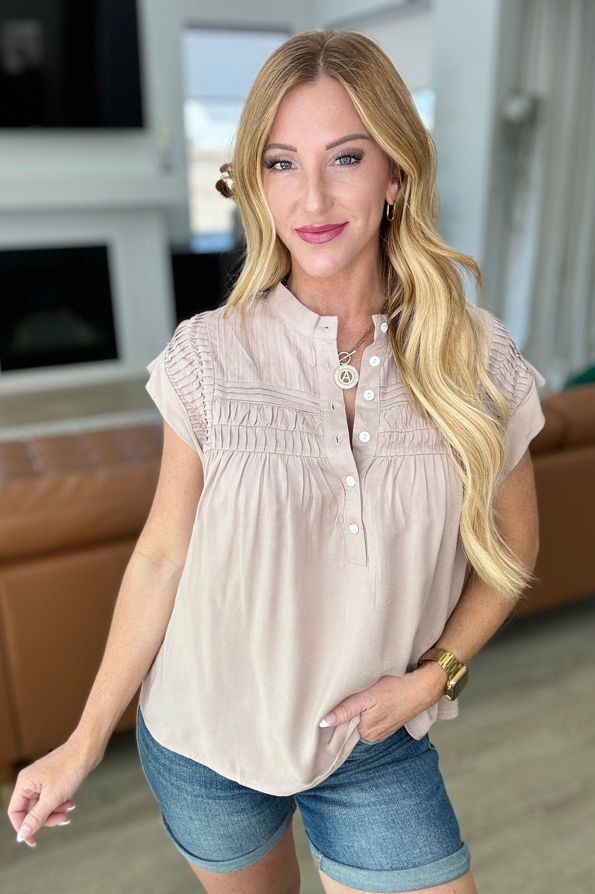 Pleat Detail Button Up Blouse in Taupe-Tops-Stay Foxy Boutique, Florissant, Missouri
