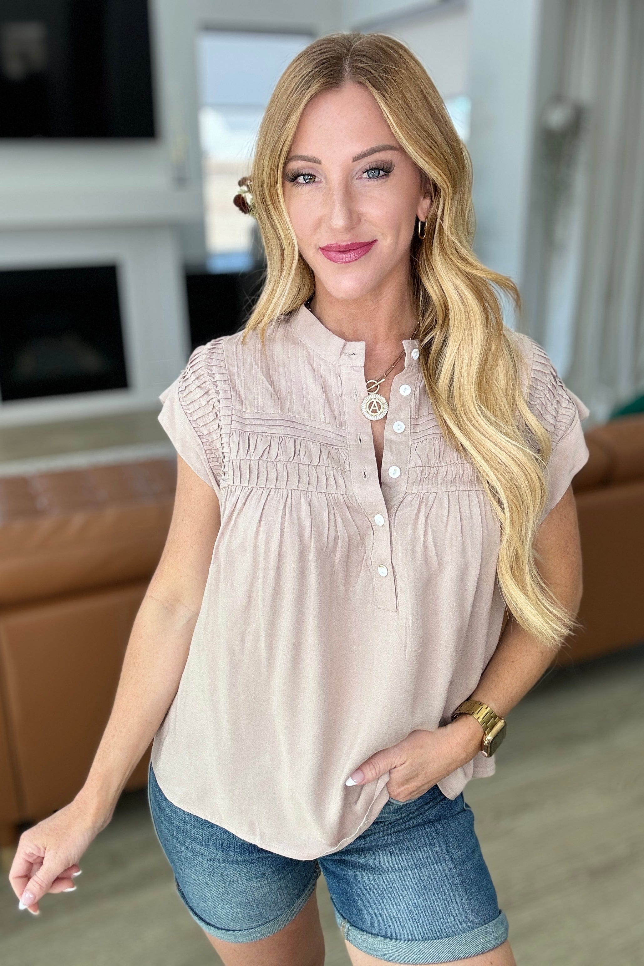 Pleat Detail Button Up Blouse in Taupe-Tops-Stay Foxy Boutique, Florissant, Missouri
