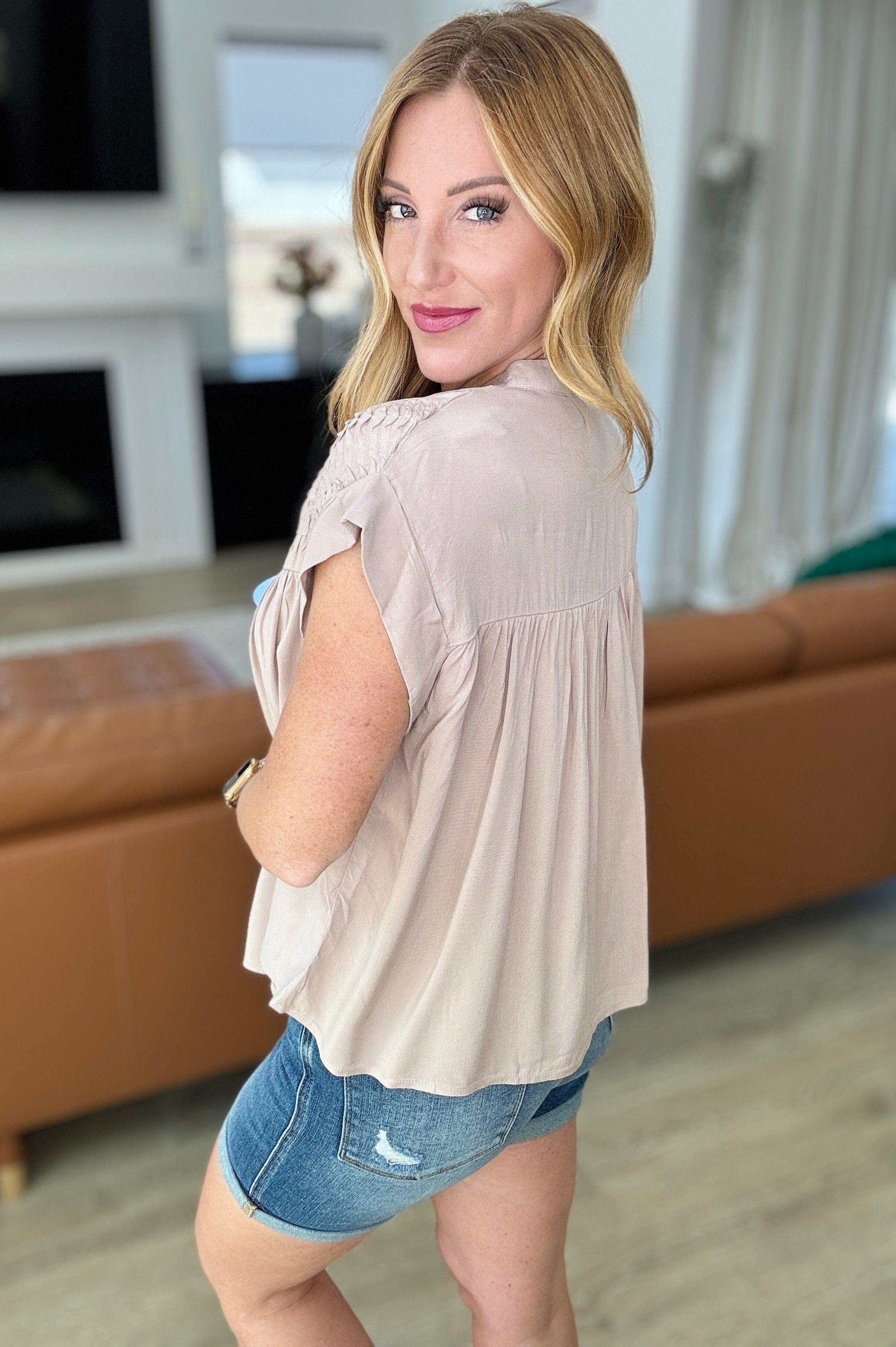 Pleat Detail Button Up Blouse in Taupe-Tops-Stay Foxy Boutique, Florissant, Missouri