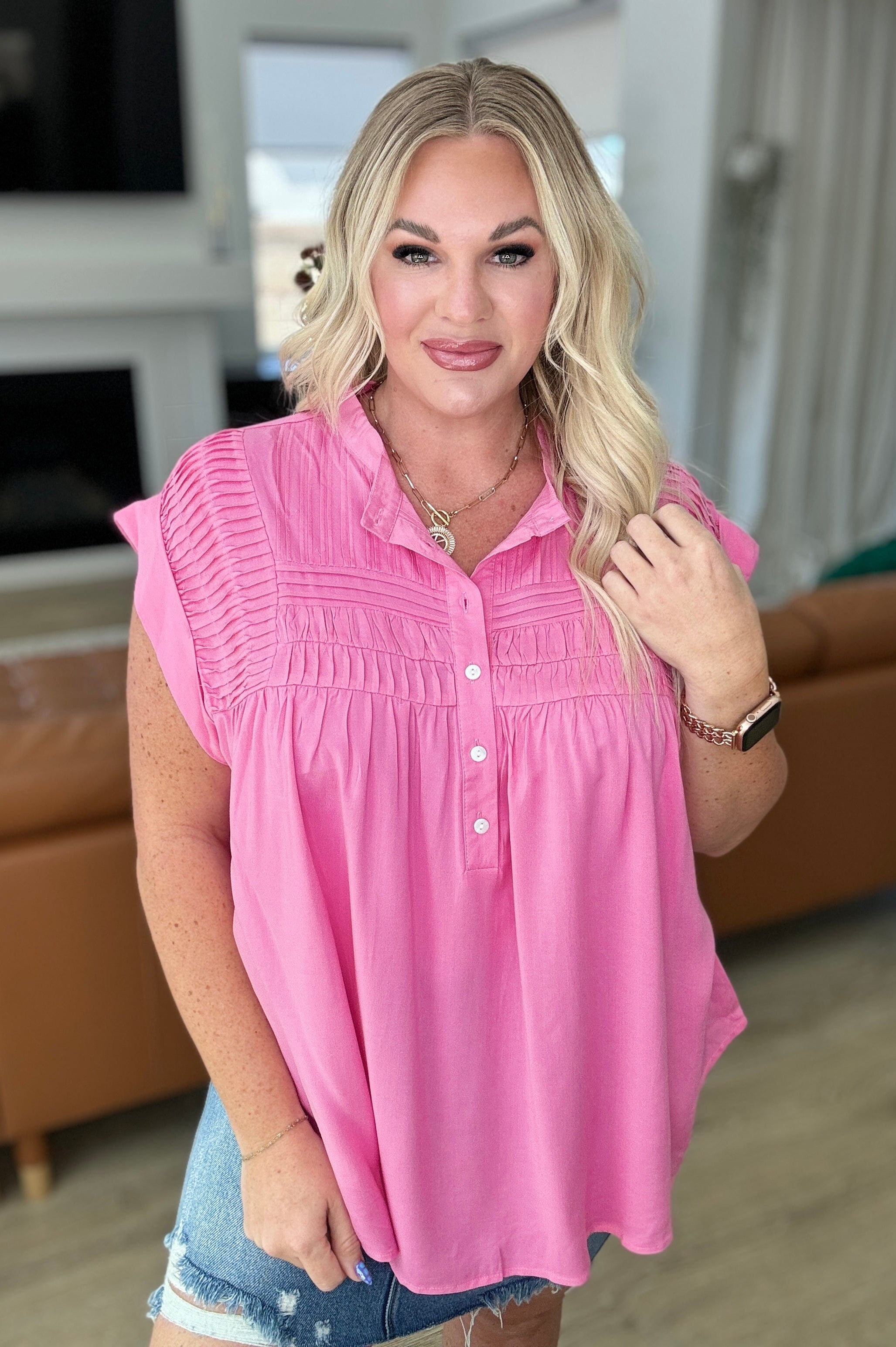 Pleat Detail Button Up Blouse in Pink Cosmos-Tops-Stay Foxy Boutique, Florissant, Missouri