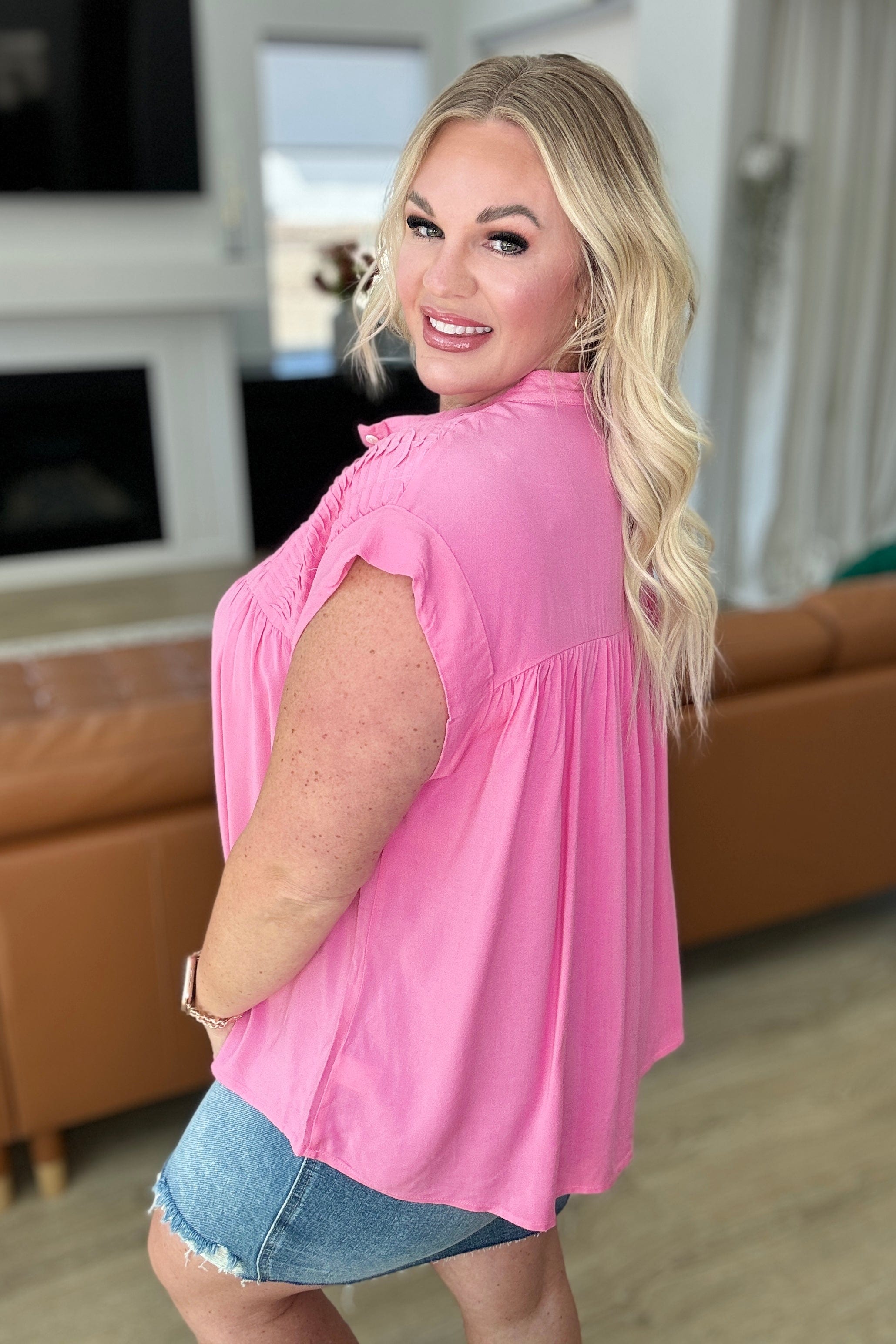 Pleat Detail Button Up Blouse in Pink Cosmos-Tops-Stay Foxy Boutique, Florissant, Missouri