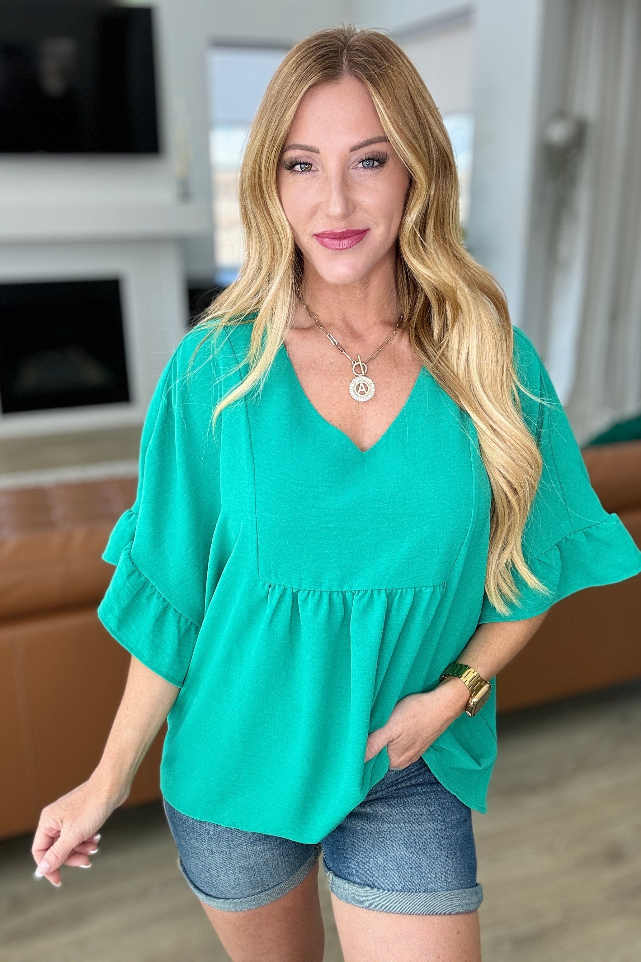 Airflow Peplum Ruffle Sleeve Top in Emerald-Tops-Stay Foxy Boutique, Florissant, Missouri