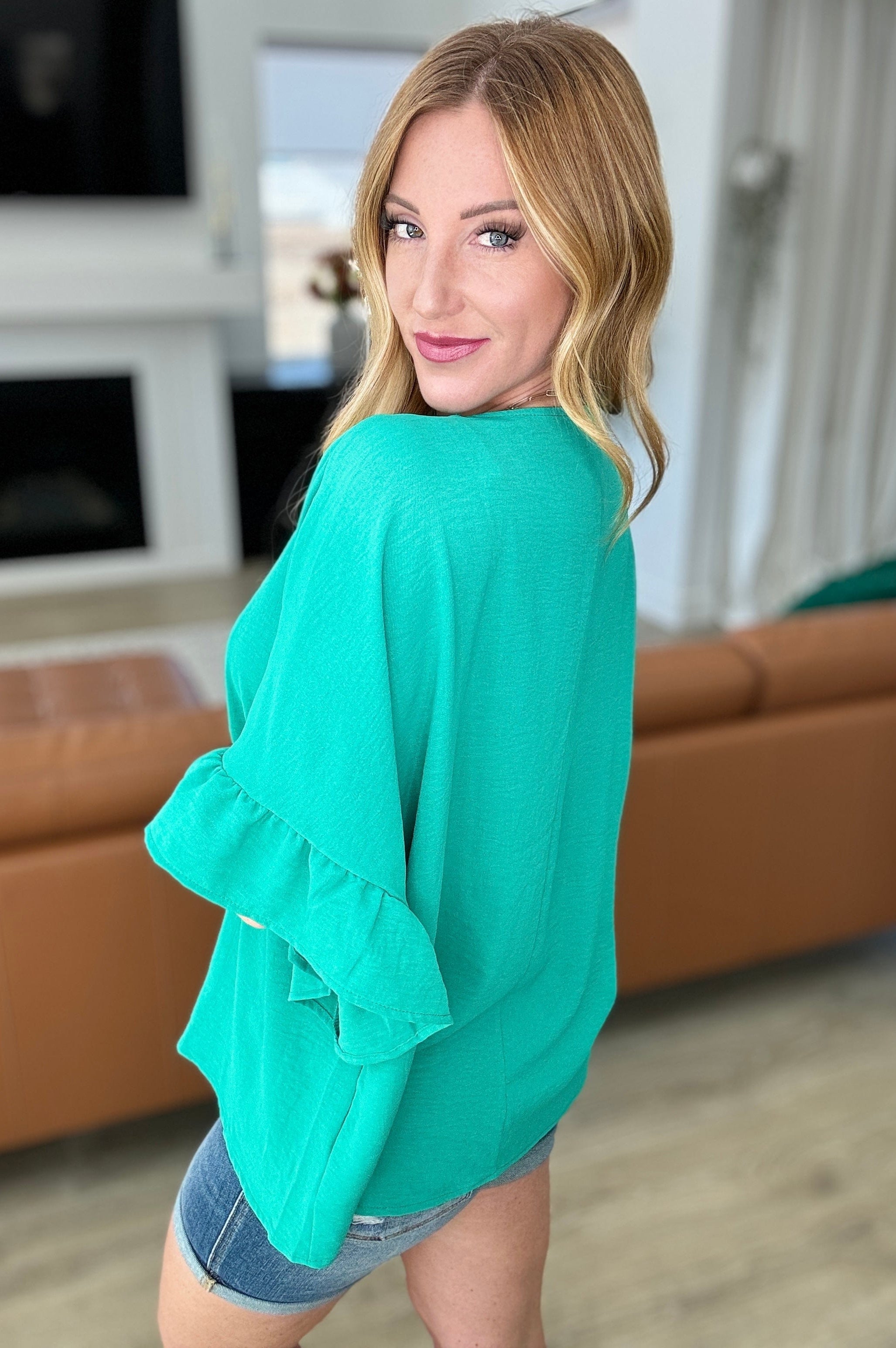 Airflow Peplum Ruffle Sleeve Top in Emerald-Tops-Stay Foxy Boutique, Florissant, Missouri