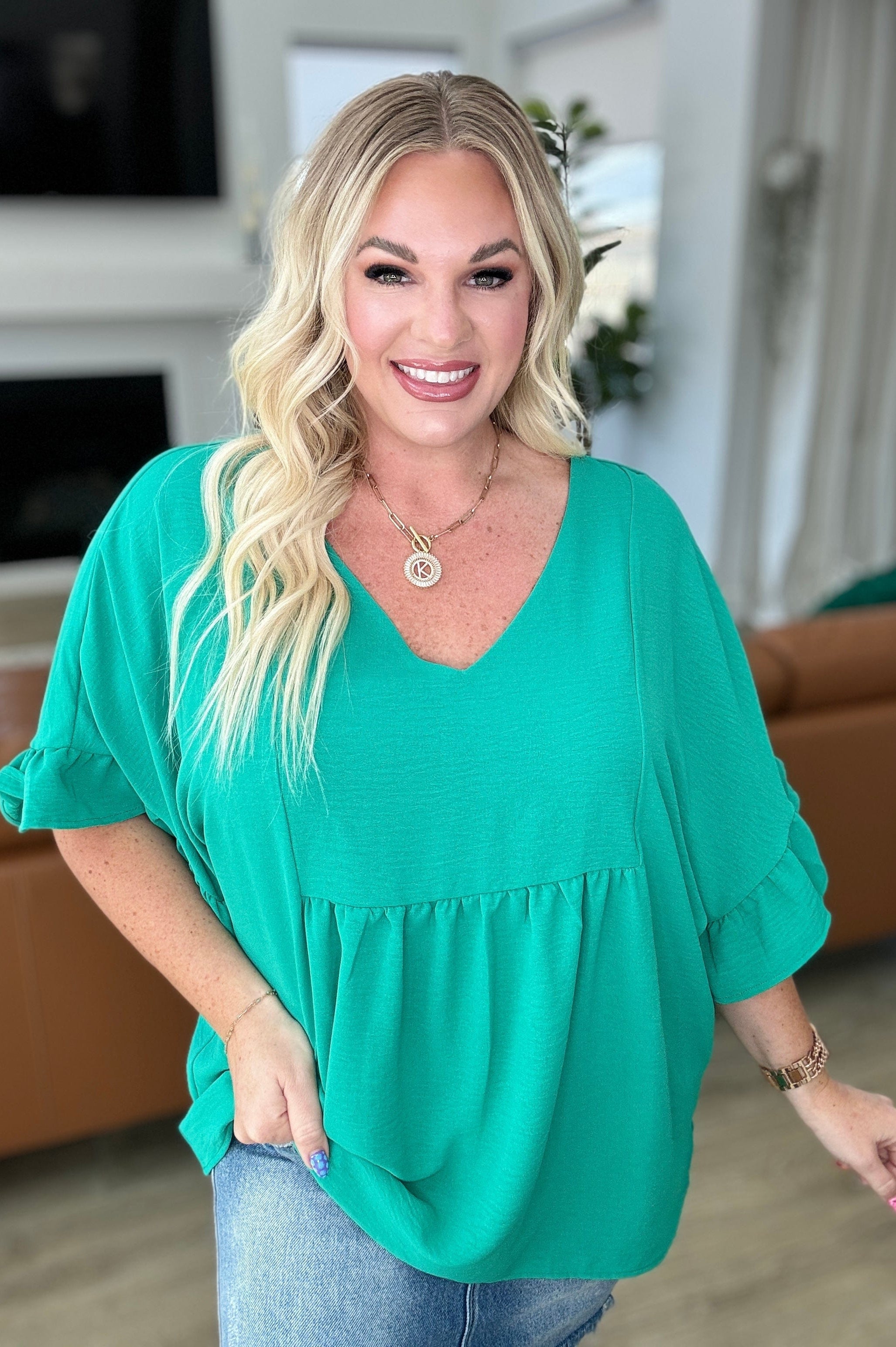 Airflow Peplum Ruffle Sleeve Top in Emerald-Tops-Stay Foxy Boutique, Florissant, Missouri