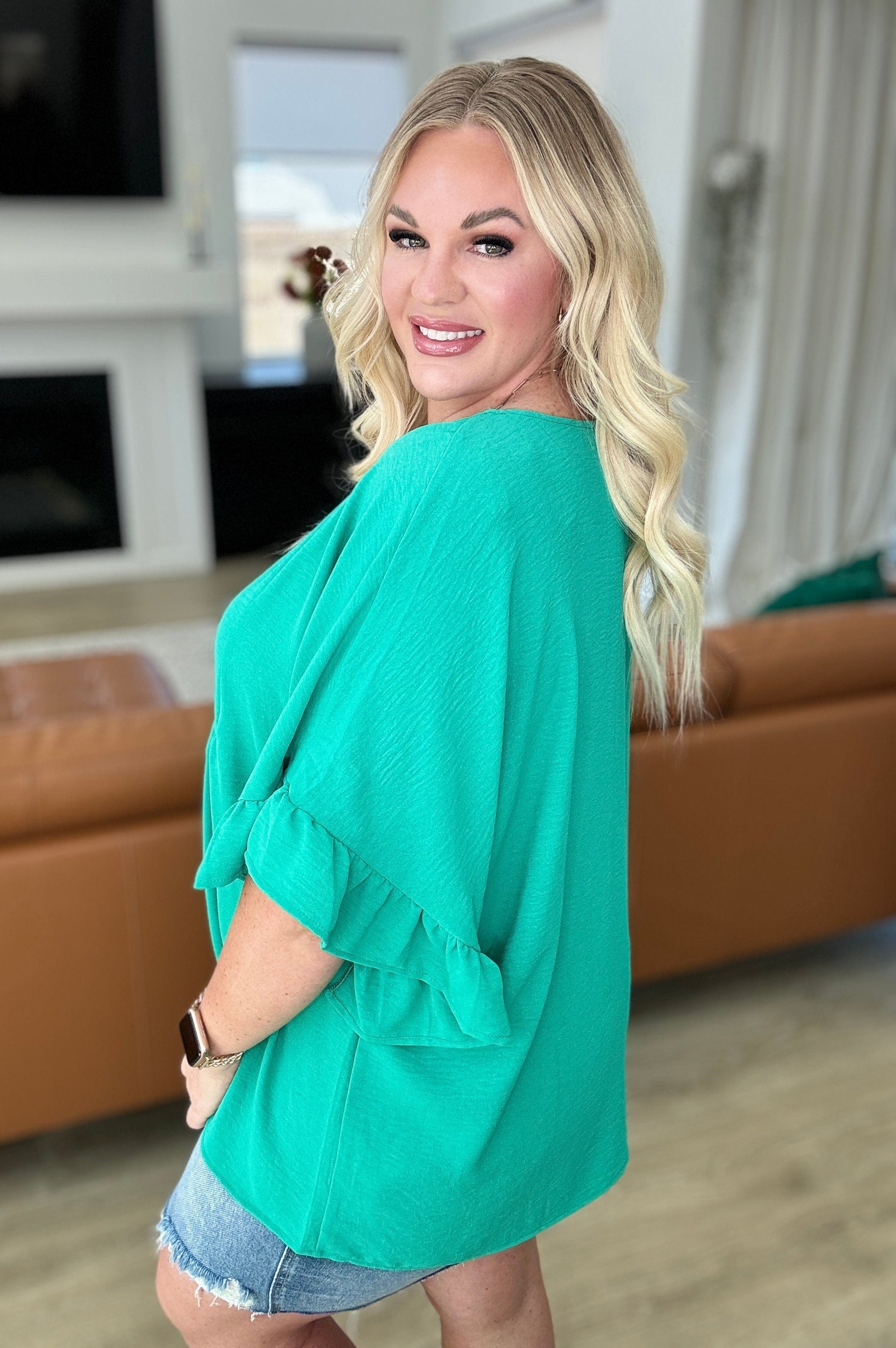 Airflow Peplum Ruffle Sleeve Top in Emerald-Tops-Stay Foxy Boutique, Florissant, Missouri