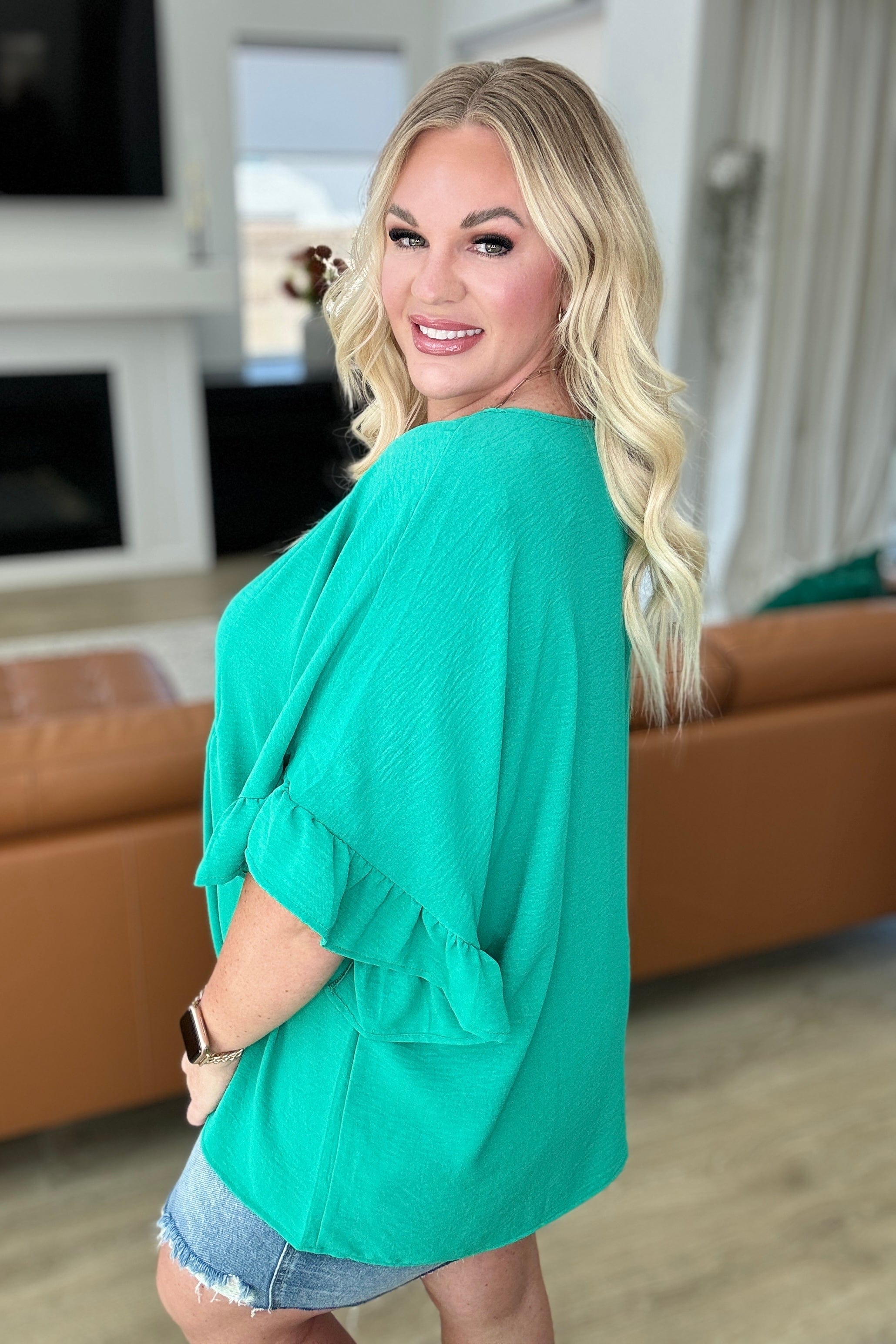 Airflow Peplum Ruffle Sleeve Top in Emerald-Tops-Stay Foxy Boutique, Florissant, Missouri