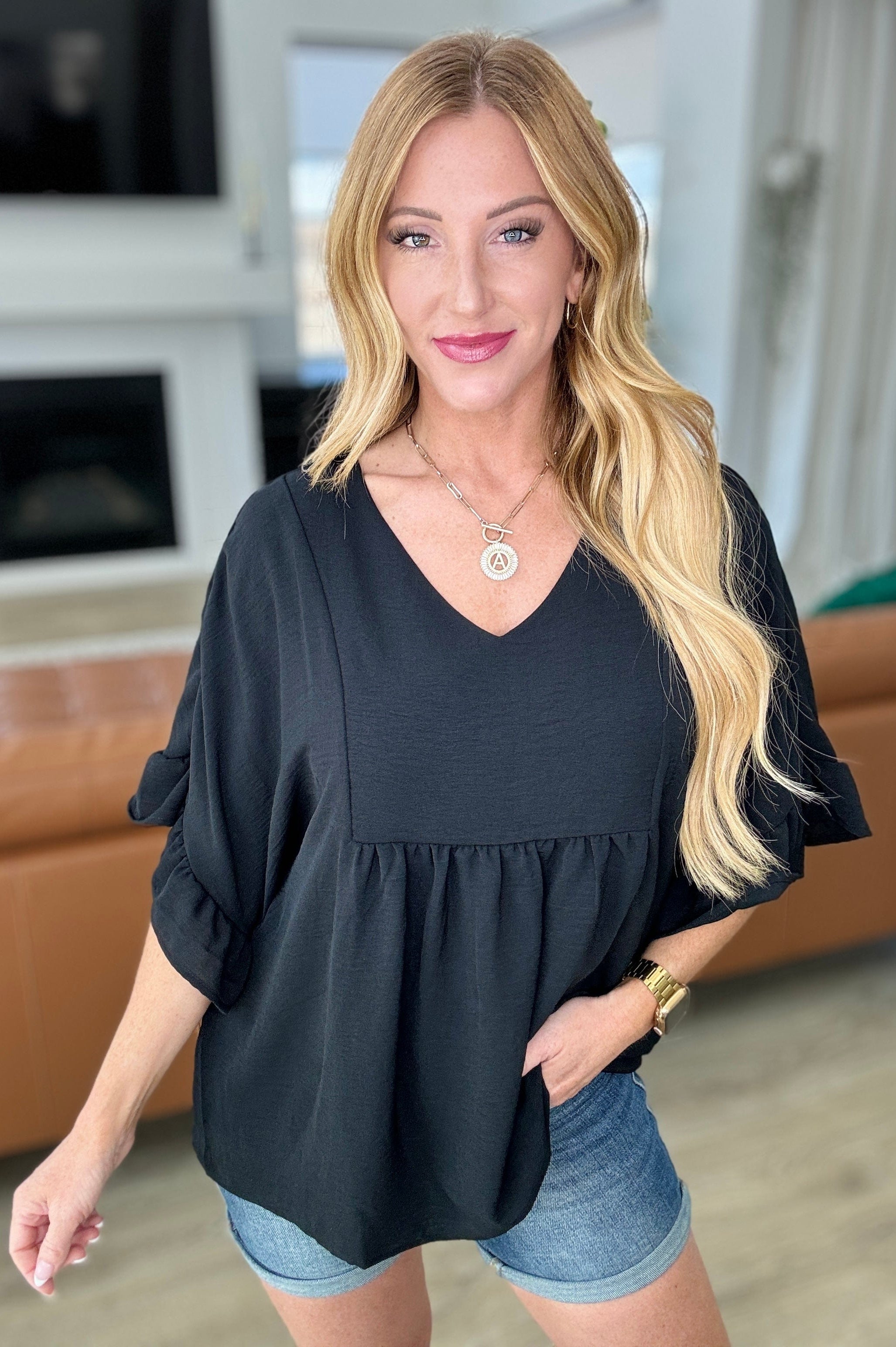 Airflow Peplum Ruffle Sleeve Top in Black-Tops-Stay Foxy Boutique, Florissant, Missouri