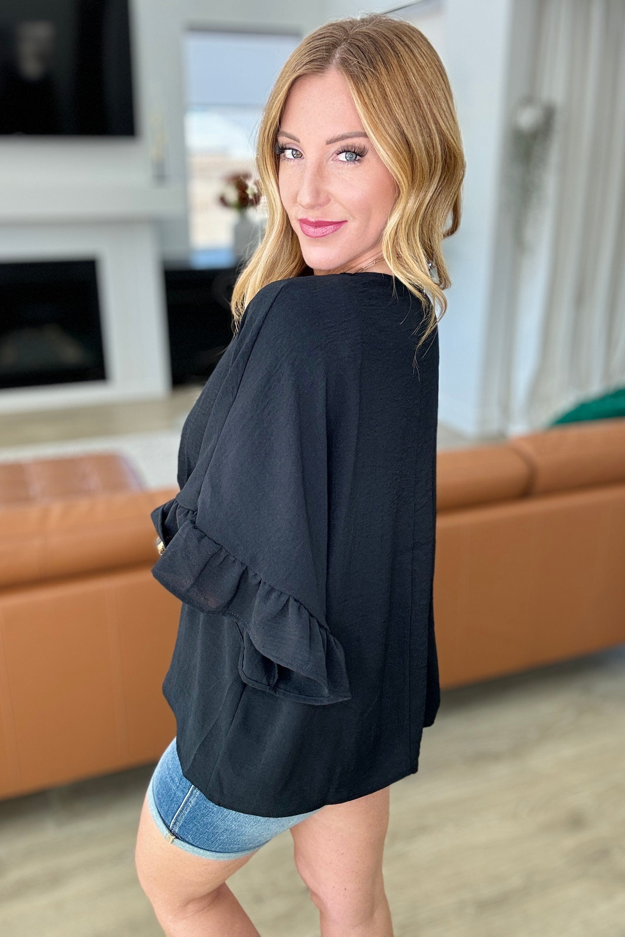 Airflow Peplum Ruffle Sleeve Top in Black-Tops-Stay Foxy Boutique, Florissant, Missouri