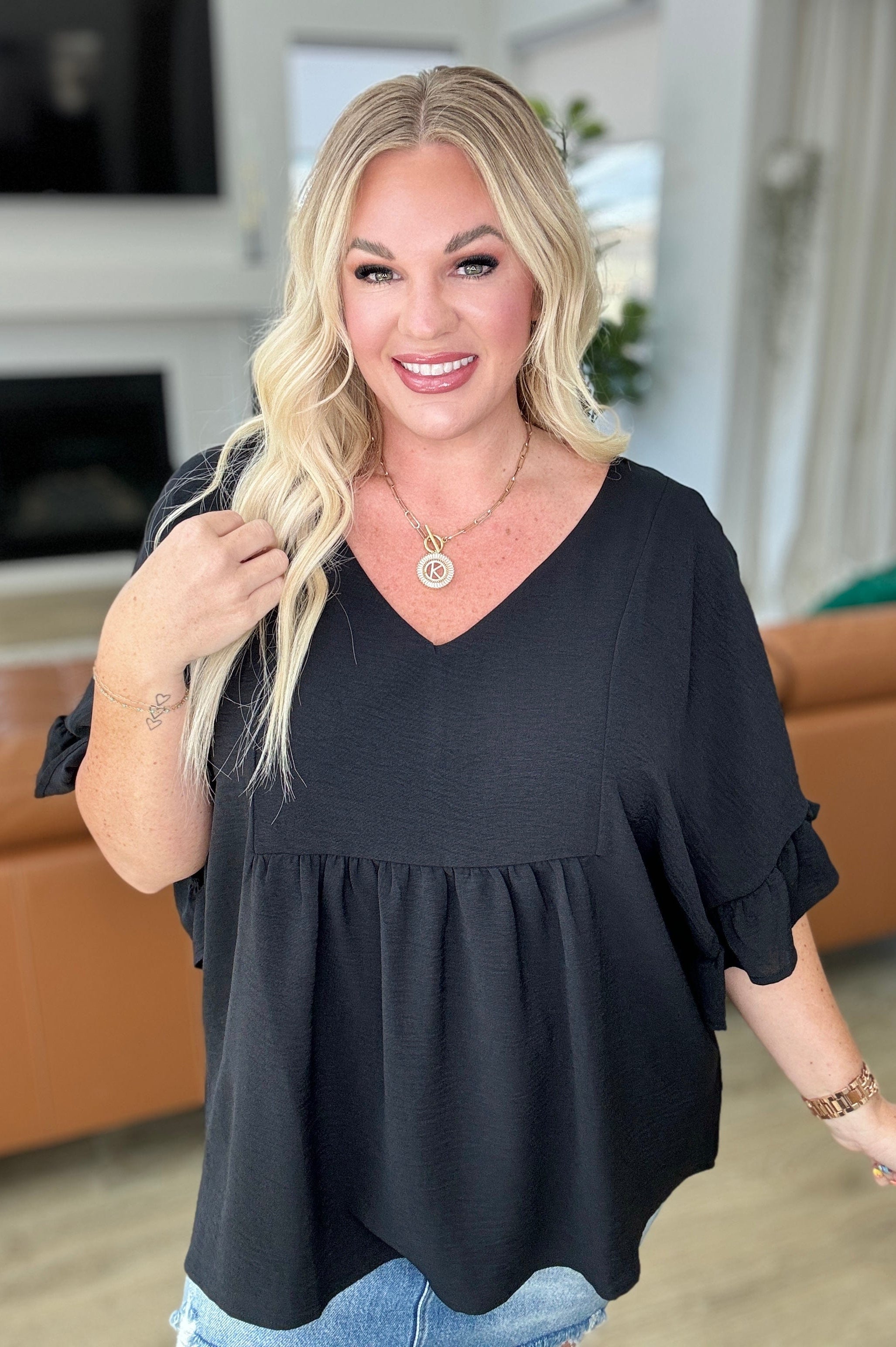 Airflow Peplum Ruffle Sleeve Top in Black-Tops-Stay Foxy Boutique, Florissant, Missouri