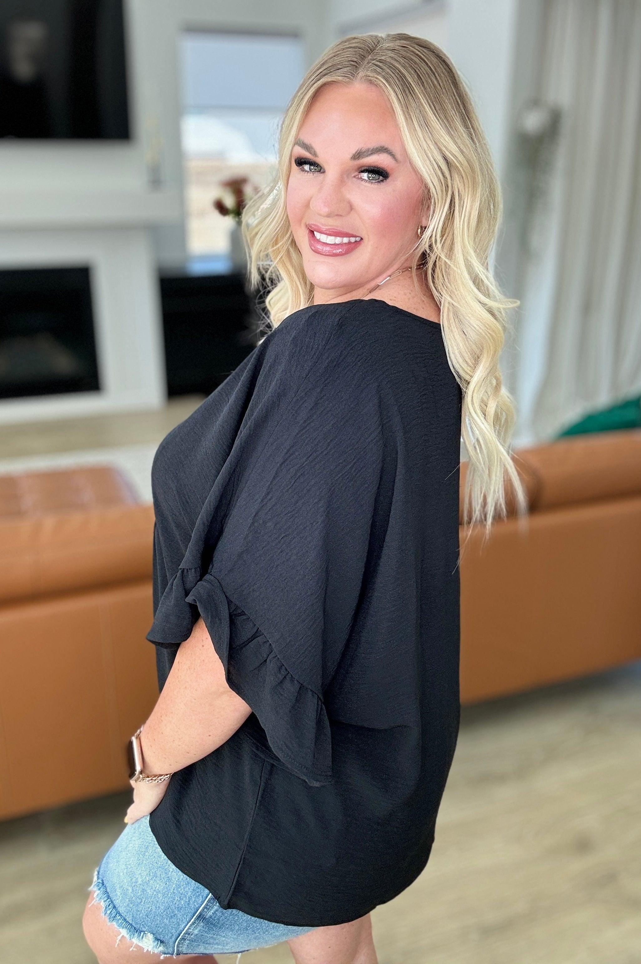 Airflow Peplum Ruffle Sleeve Top in Black-Tops-Stay Foxy Boutique, Florissant, Missouri