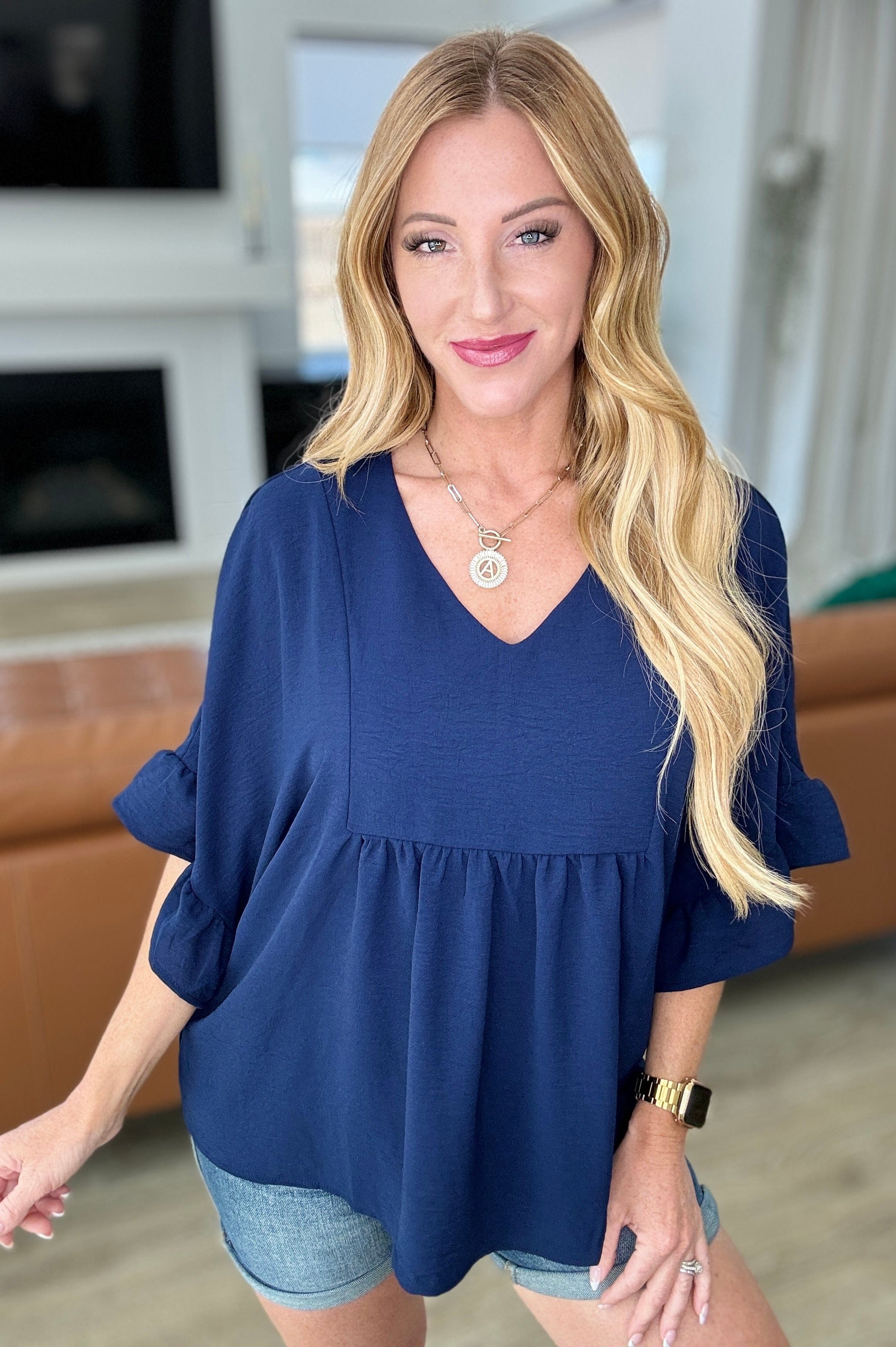 Airflow Peplum Ruffle Sleeve Top in Navy-Tops-Stay Foxy Boutique, Florissant, Missouri