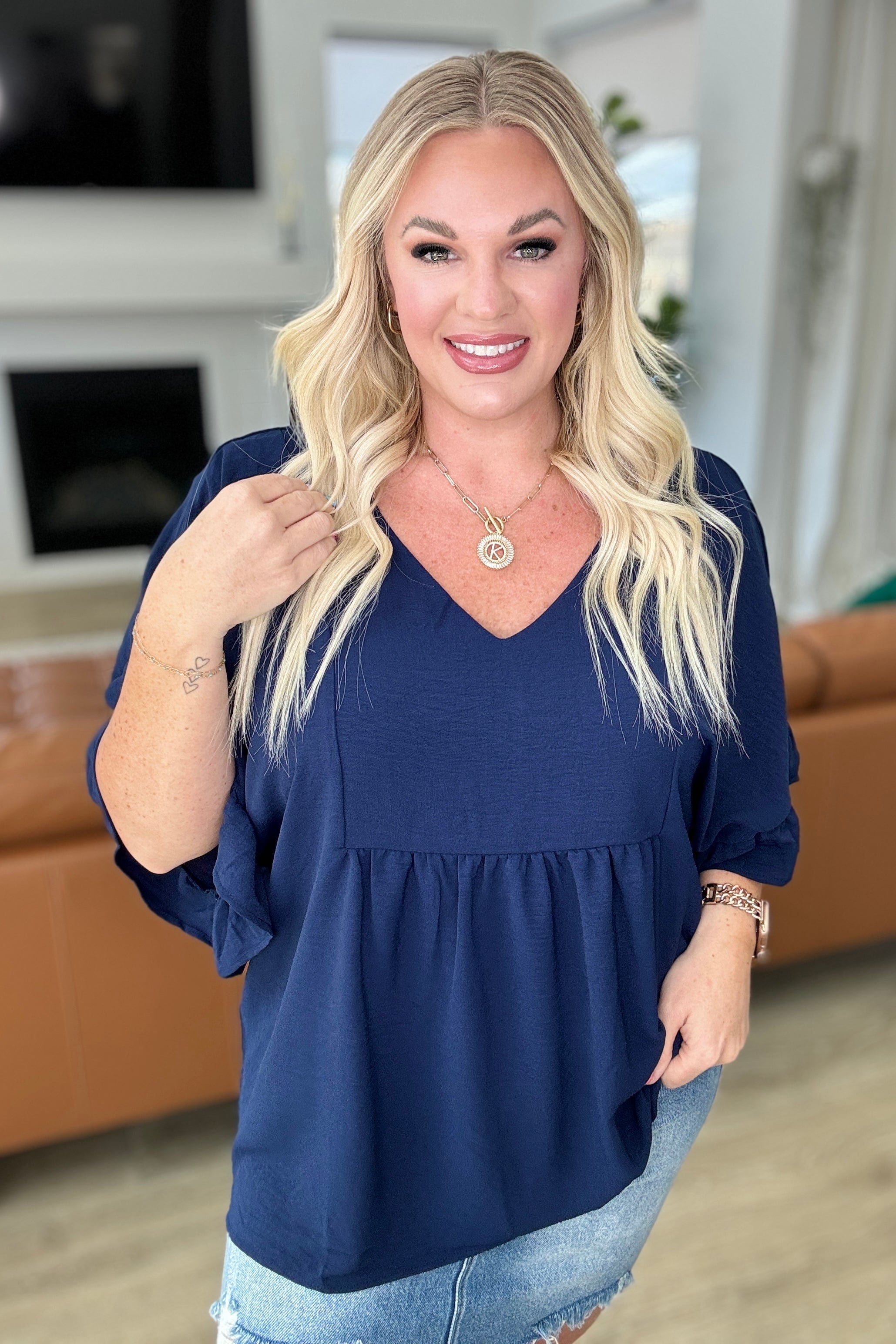 Airflow Peplum Ruffle Sleeve Top in Navy-Tops-Stay Foxy Boutique, Florissant, Missouri