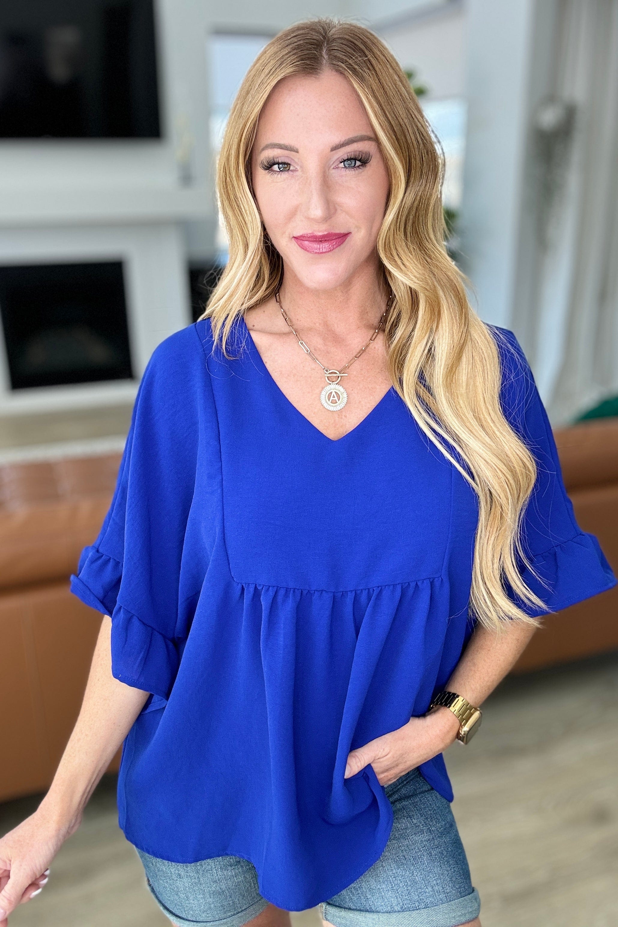 Airflow Peplum Ruffle Sleeve Top in Royal Blue-Tops-Stay Foxy Boutique, Florissant, Missouri