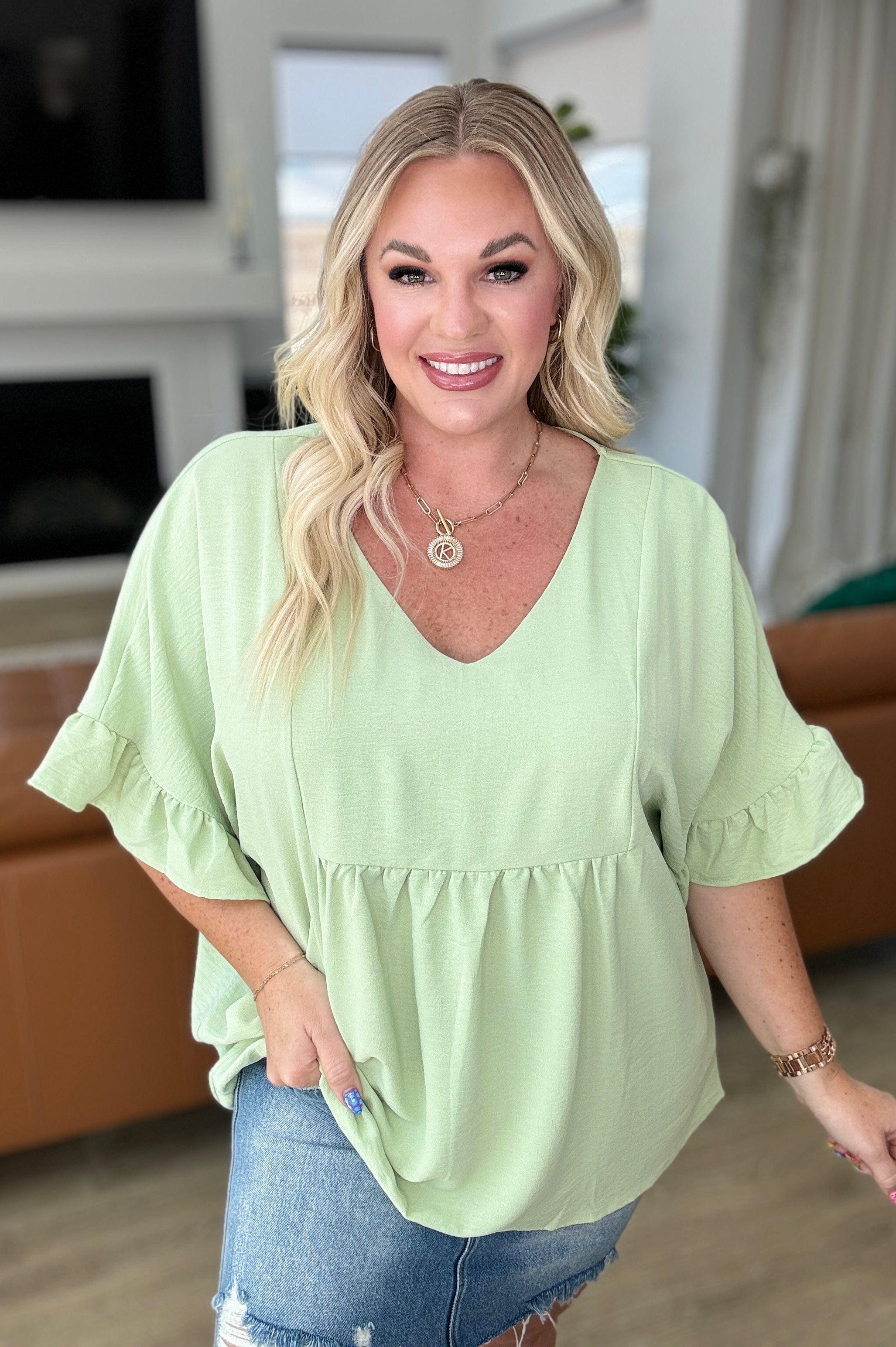 Airflow Peplum Ruffle Sleeve Top in Sage-Tops-Stay Foxy Boutique, Florissant, Missouri