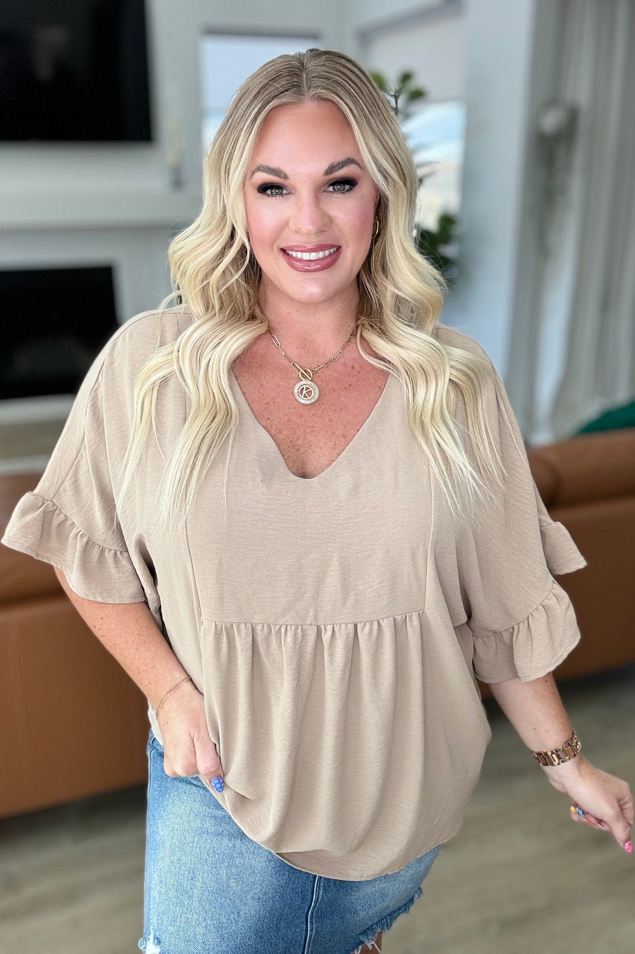 Airflow Peplum Ruffle Sleeve Top in Taupe-Tops-Stay Foxy Boutique, Florissant, Missouri