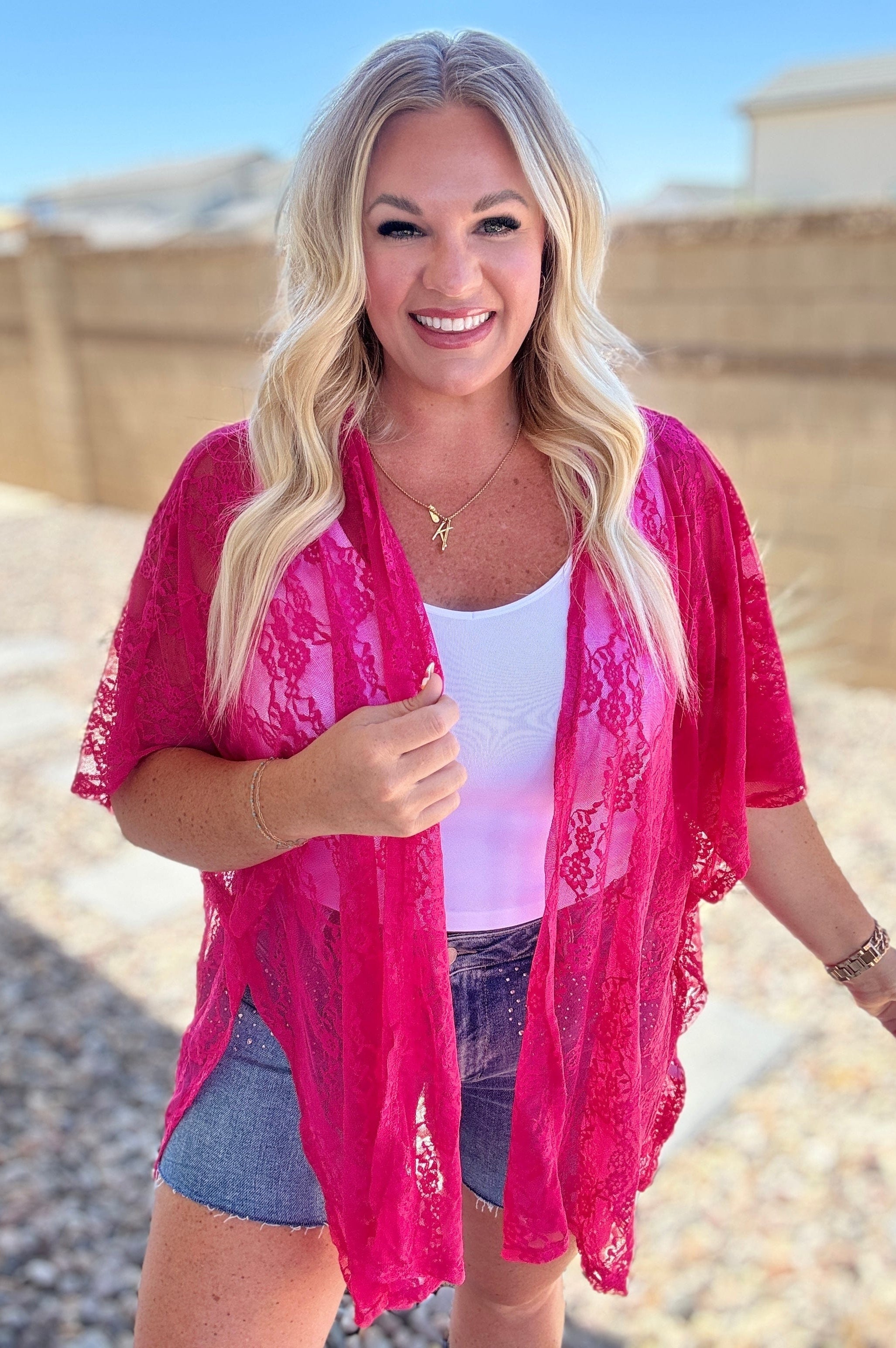 Good Days Ahead Lace Kimono In Fuchsia-Layers-Stay Foxy Boutique, Florissant, Missouri