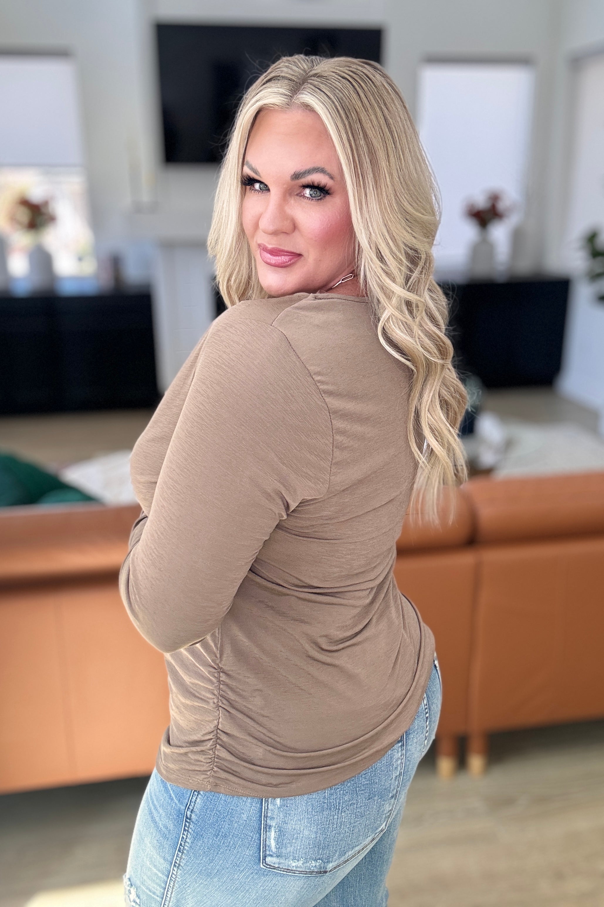 Ruched Cowl Neck Top in Mocha-Tops-Stay Foxy Boutique, Florissant, Missouri